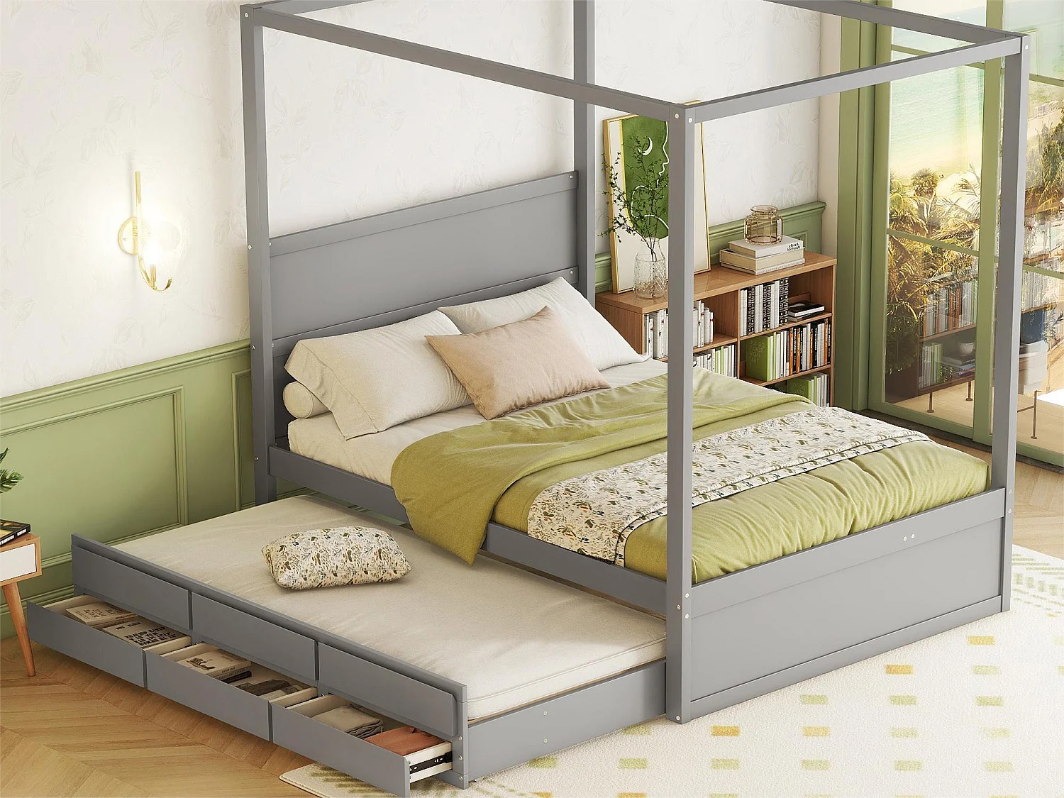 Lit à baldaquin avec lit gigogne et rangement - 140 x 200 cm + 90 x 190 cm - bois de pin - coloris gris