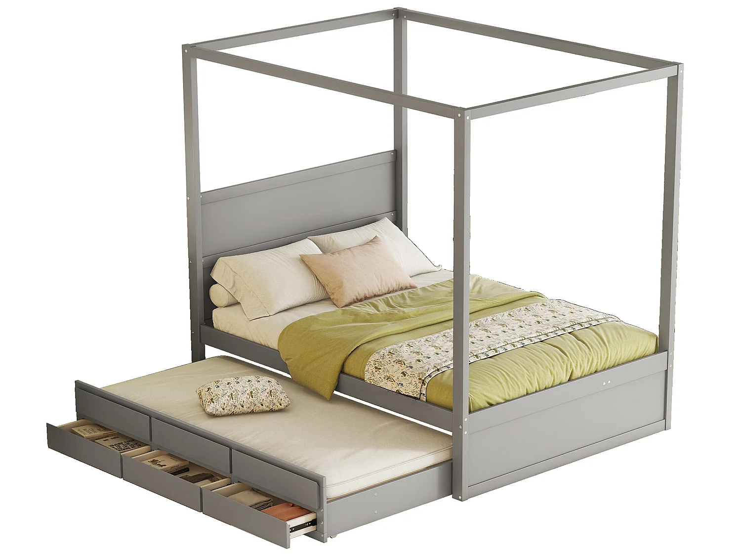 Lit à baldaquin avec lit gigogne et rangement - 140 x 200 cm + 90 x 190 cm - bois de pin - coloris gris