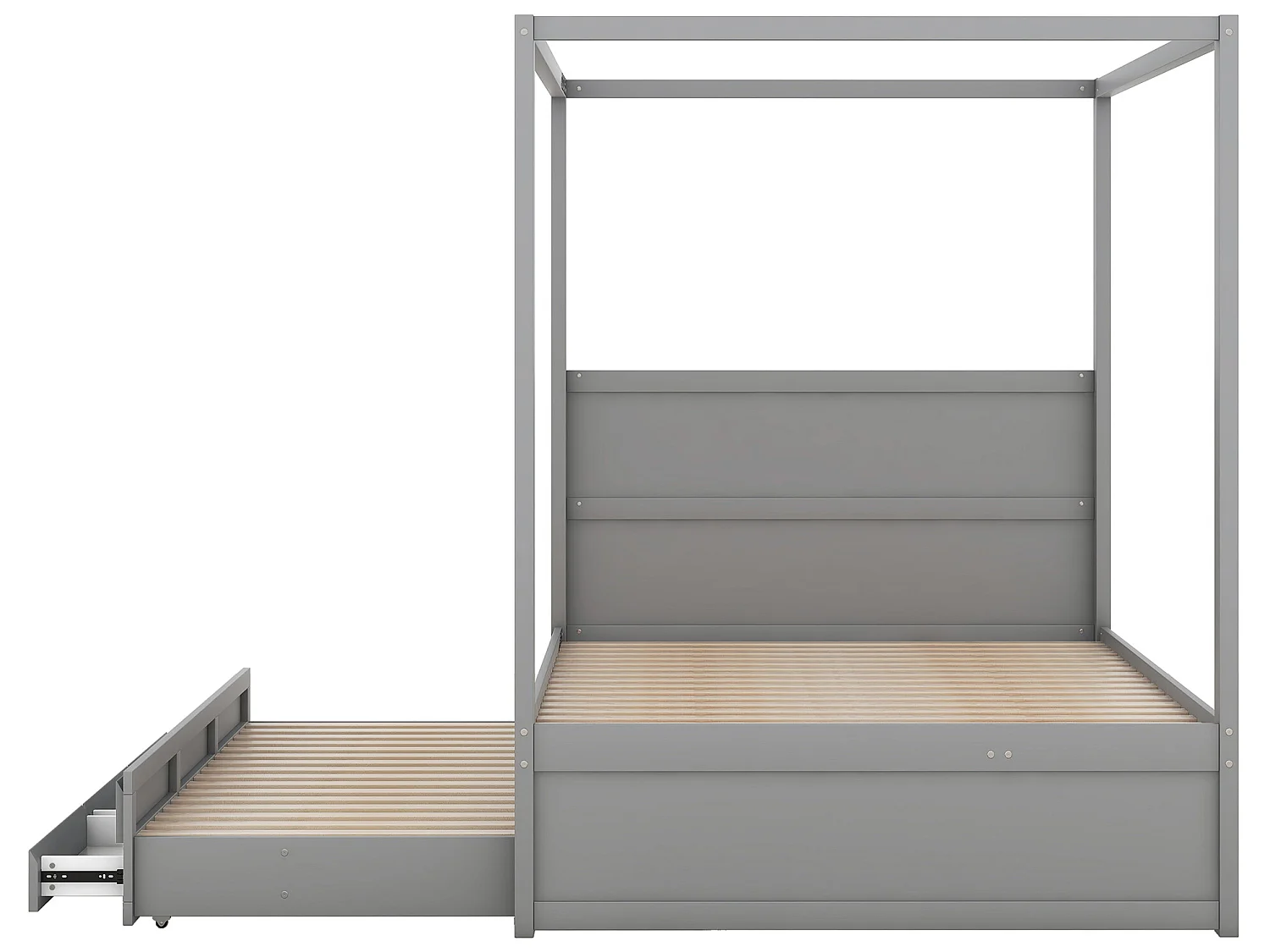 Lit à baldaquin avec lit gigogne et rangement - 140 x 200 cm + 90 x 190 cm - bois de pin - coloris gris