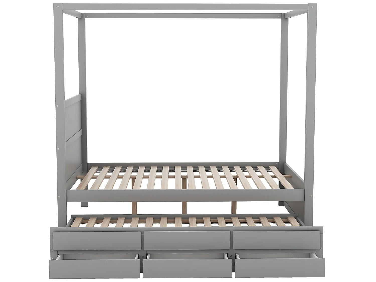 Lit à baldaquin avec lit gigogne et rangement - 140 x 200 cm + 90 x 190 cm - bois de pin - coloris gris