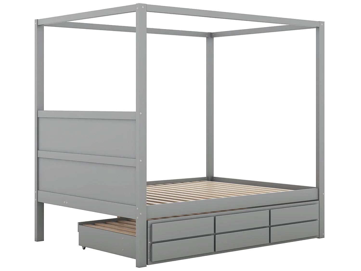 Lit à baldaquin avec lit gigogne et rangement - 140 x 200 cm + 90 x 190 cm - bois de pin - coloris gris