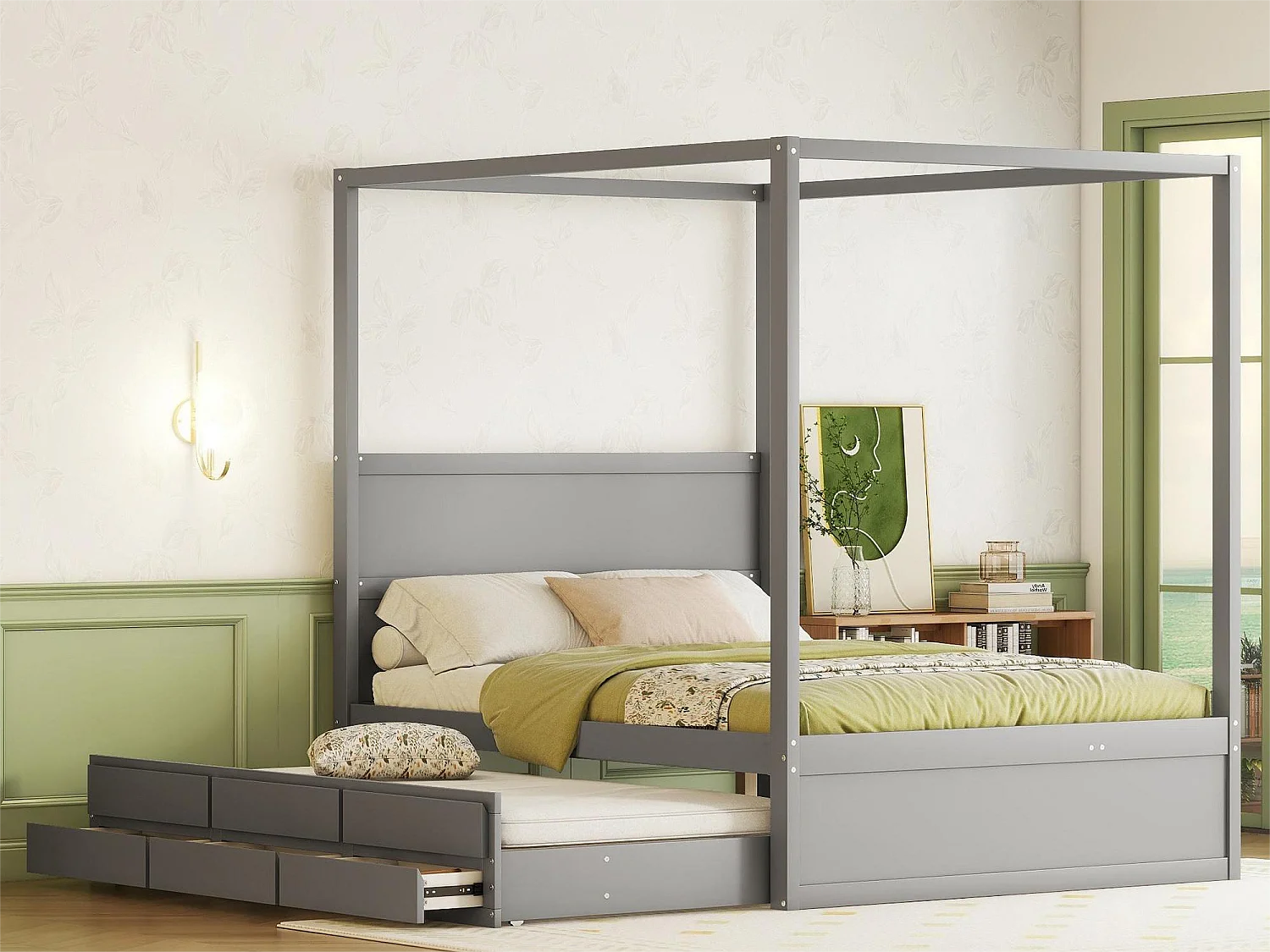 Hemelbed met onderschuifbed en opbergruimte - 140 x 200 cm + 90 x 190 cm - grenenhout - grijze kleur