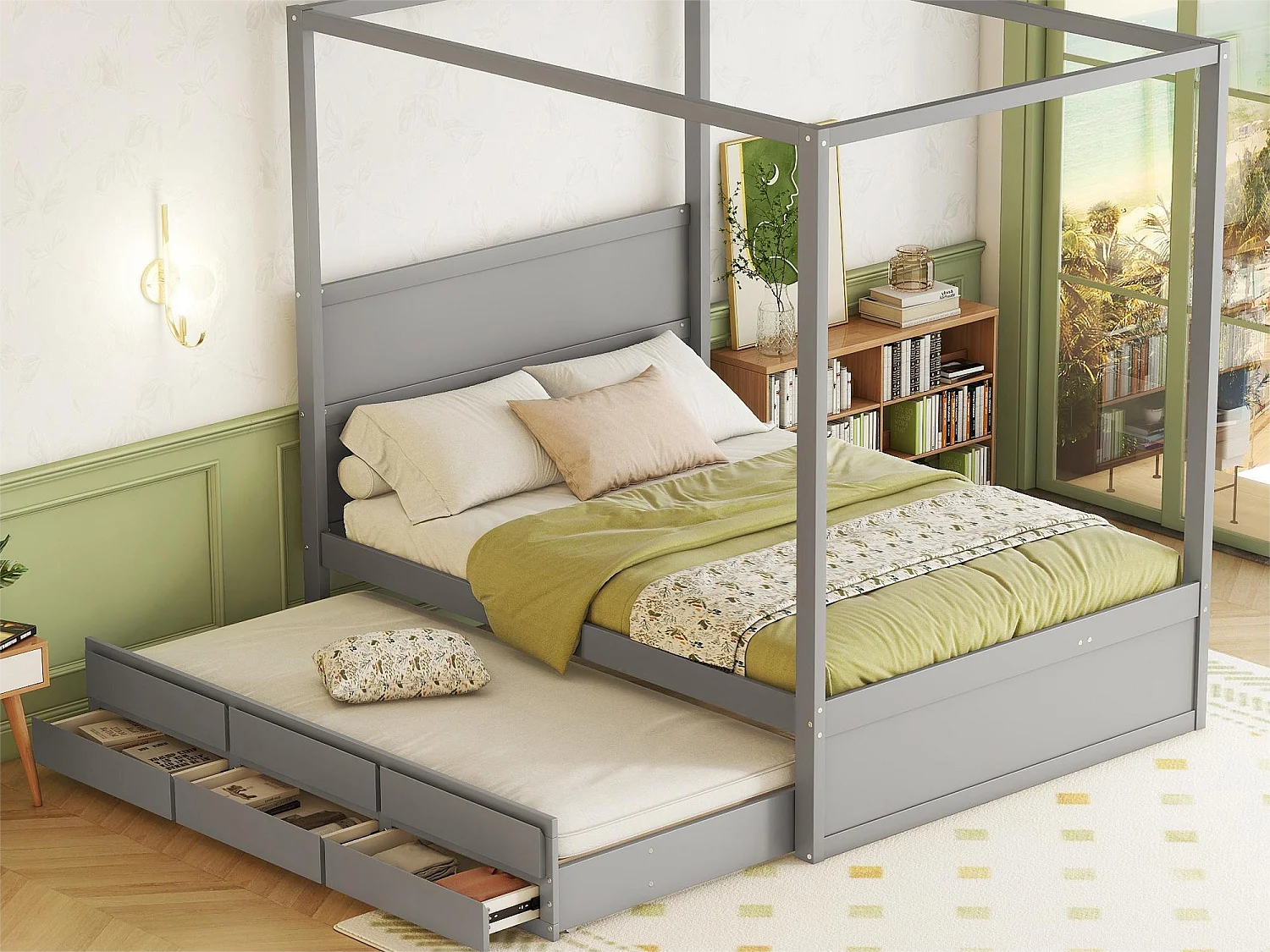 Hemelbed met onderschuifbed en opbergruimte - 140 x 200 cm + 90 x 190 cm - grenenhout - grijze kleur