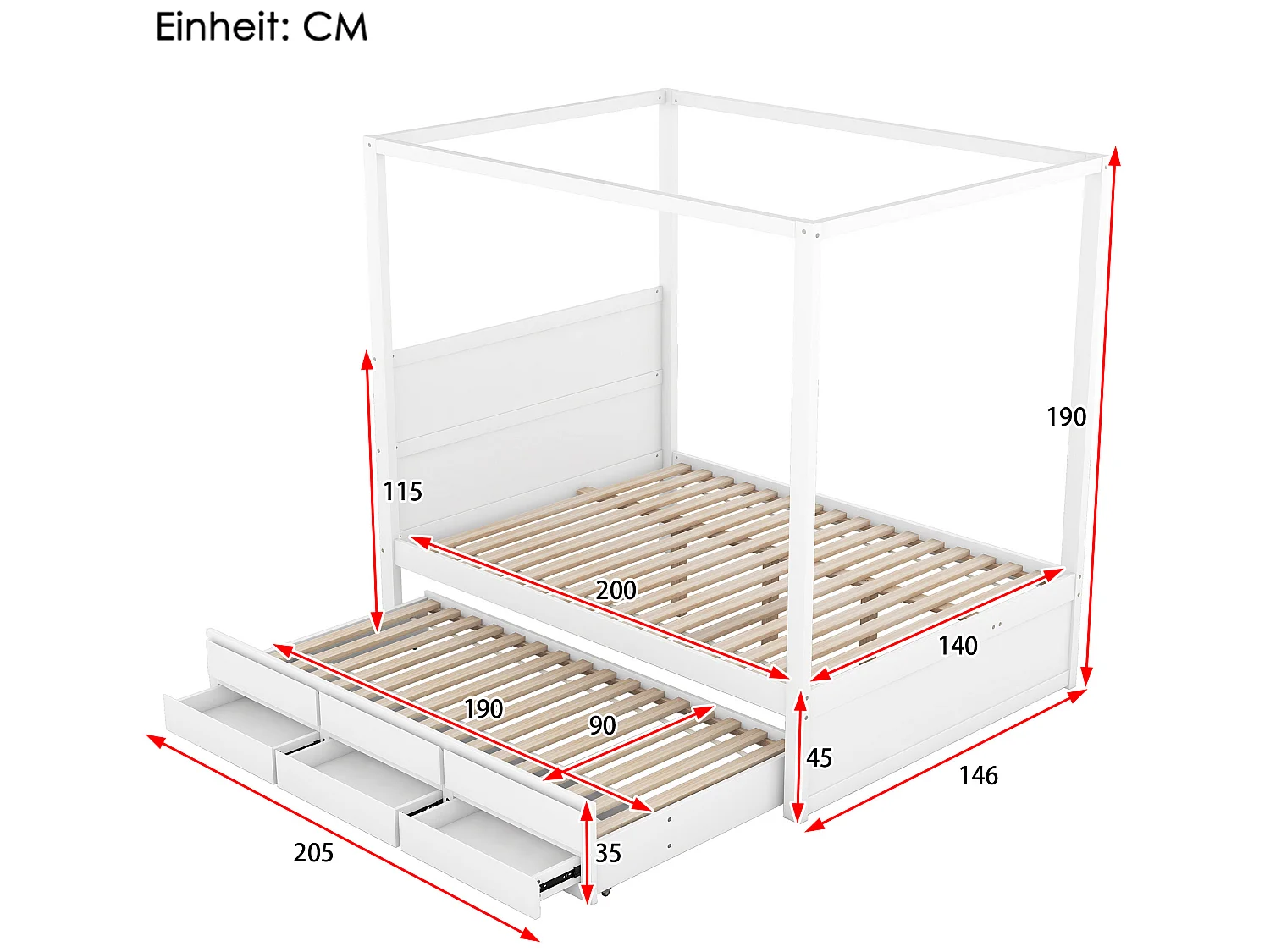 Lit à baldaquin avec lit gigogne et rangement - 140 x 200 cm + 90 x 190 cm - bois de pin - coloris blanc