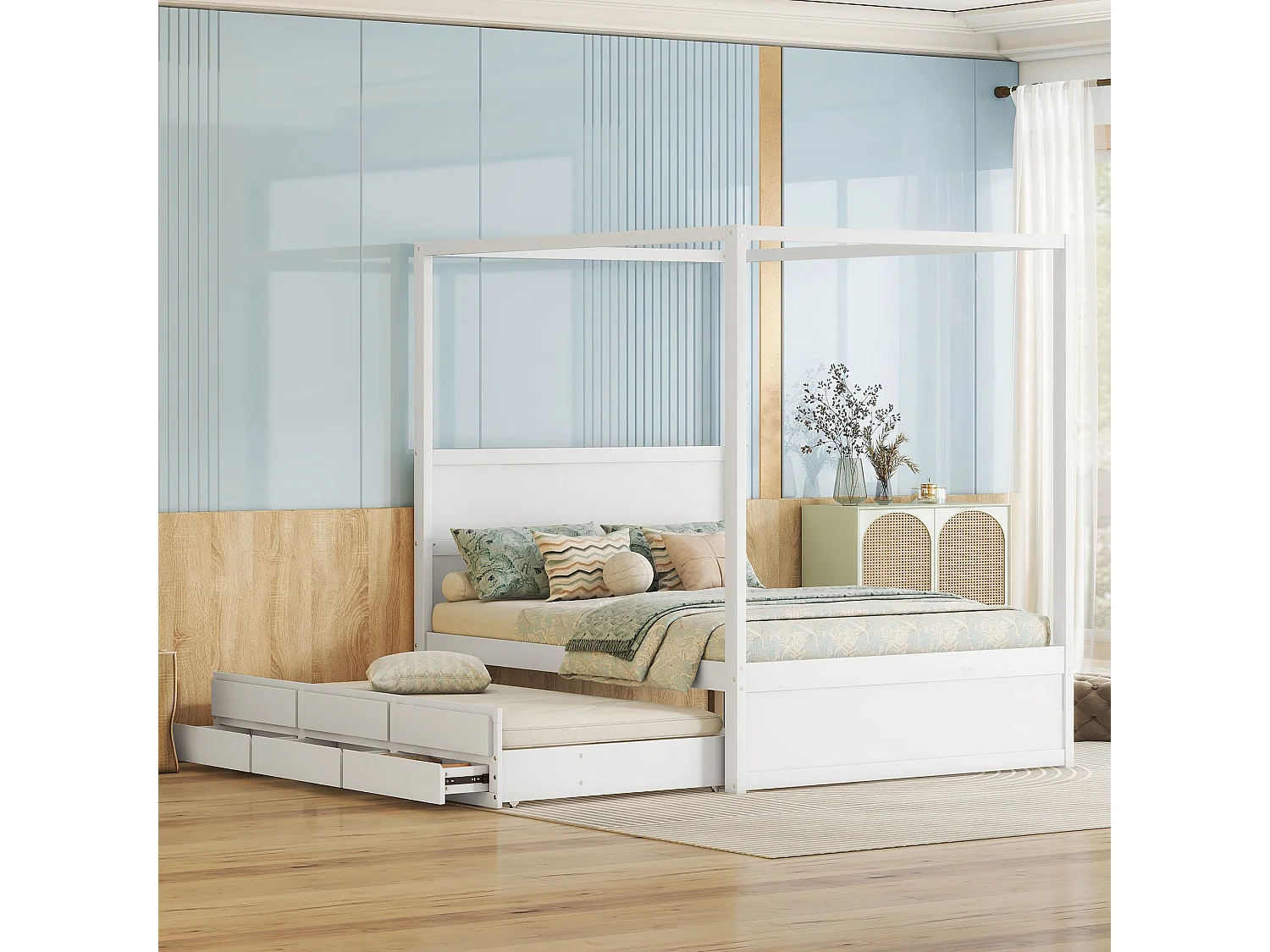 Lit à baldaquin avec lit gigogne et rangement - 140 x 200 cm + 90 x 190 cm - bois de pin - coloris blanc