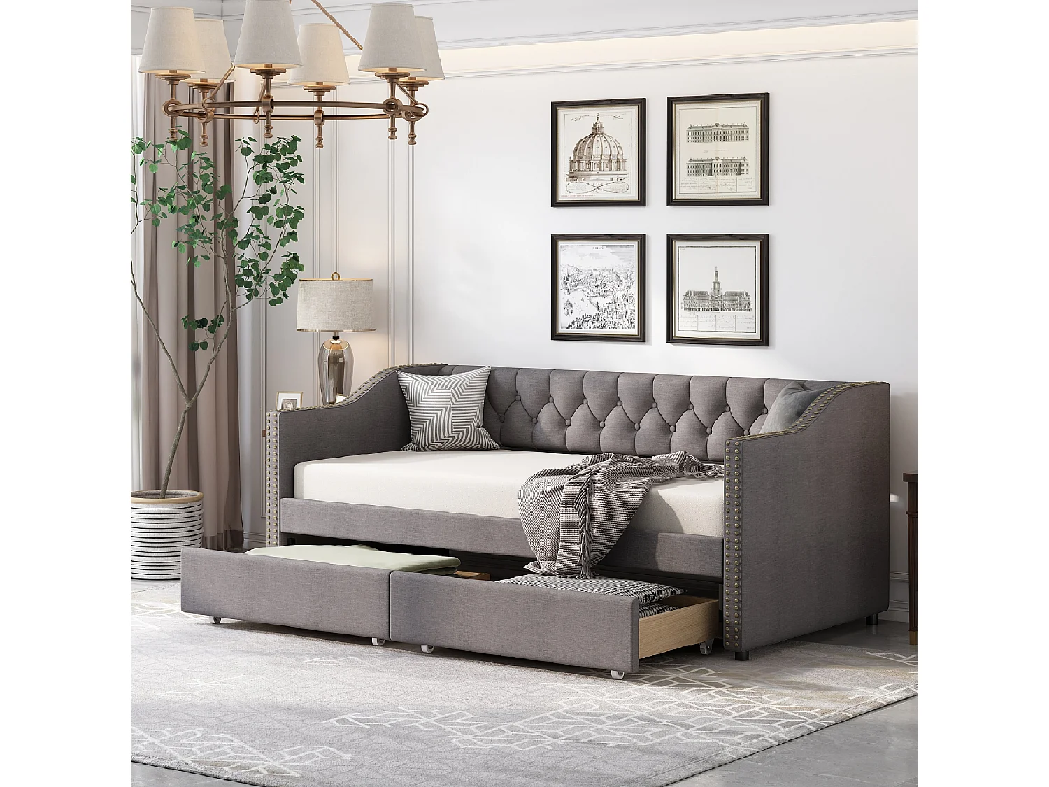 Lit banquette capitonné - 90 x 200 cm - 2 tiroirs - sommier à lattes - tissu gris