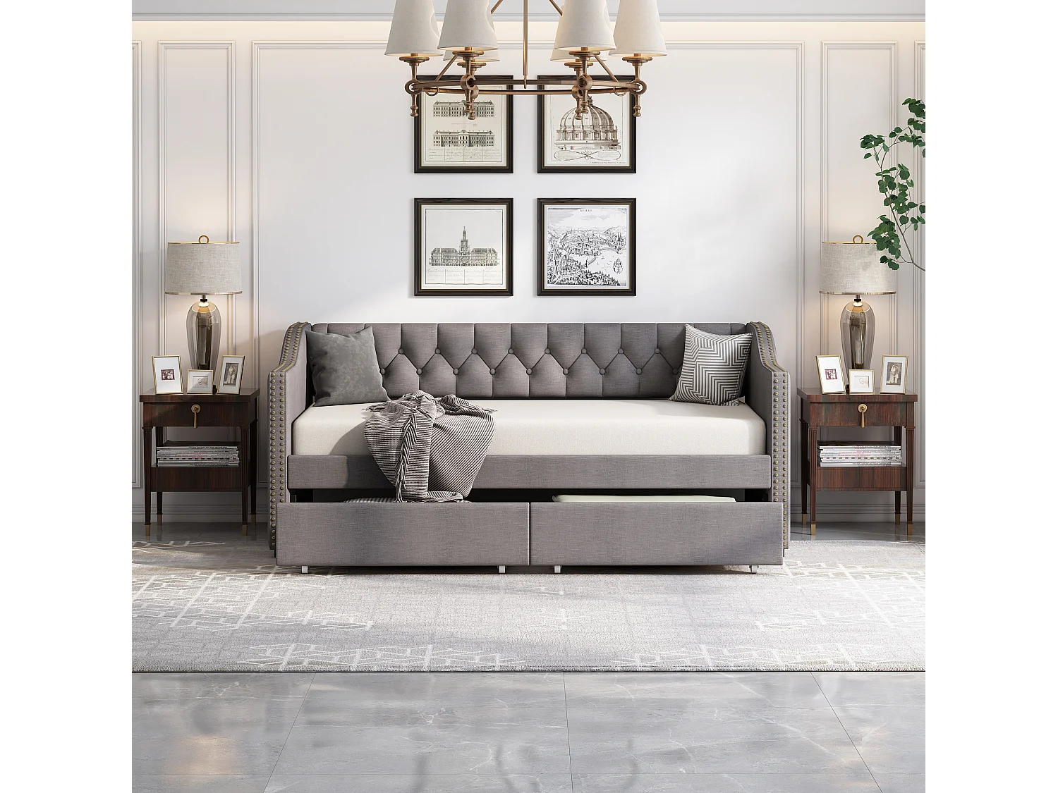 Lit banquette capitonné - 90 x 200 cm - 2 tiroirs - sommier à lattes - tissu gris