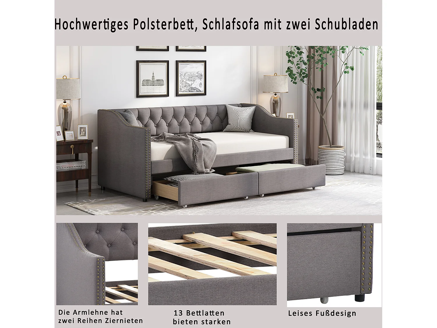 Lit banquette capitonné - 90 x 200 cm - 2 tiroirs - sommier à lattes - tissu gris