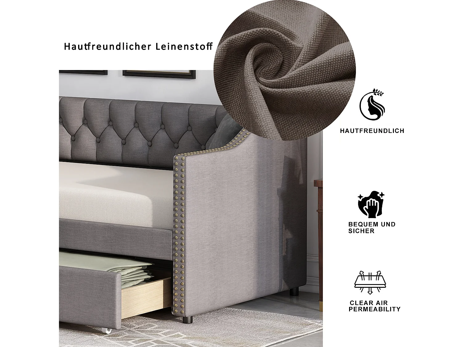 Lit banquette capitonné - 90 x 200 cm - 2 tiroirs - sommier à lattes - tissu gris