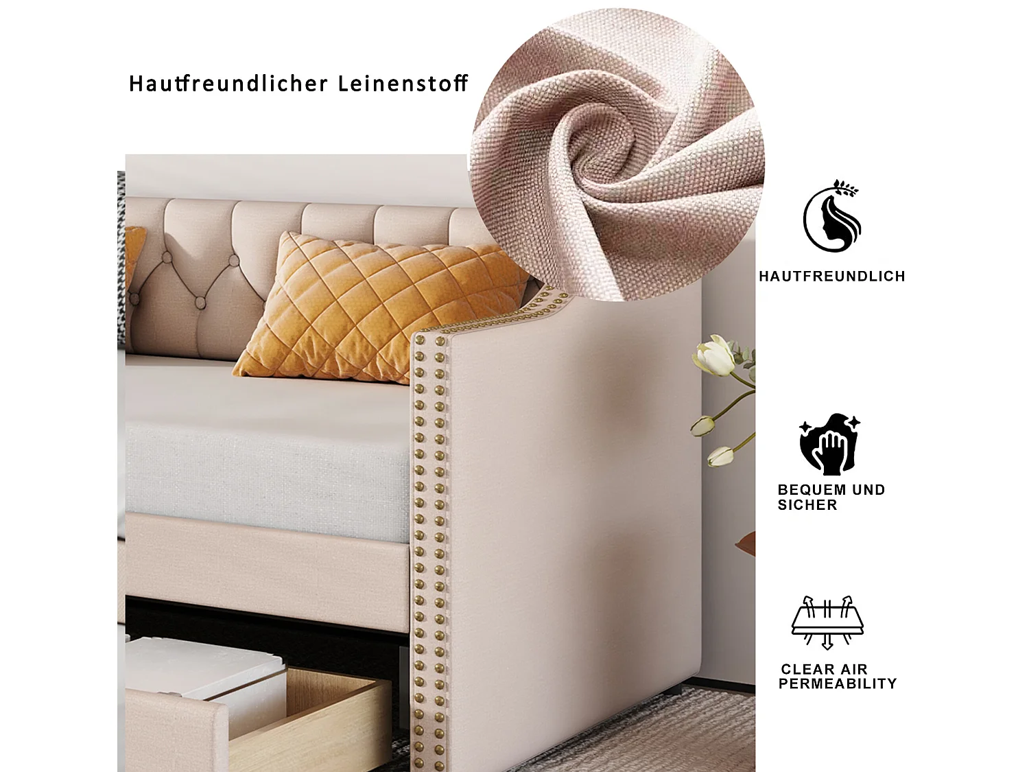 Lit banquette capitonné - 90 x 200 cm - 2 tiroirs - sommier à lattes - tissu beige