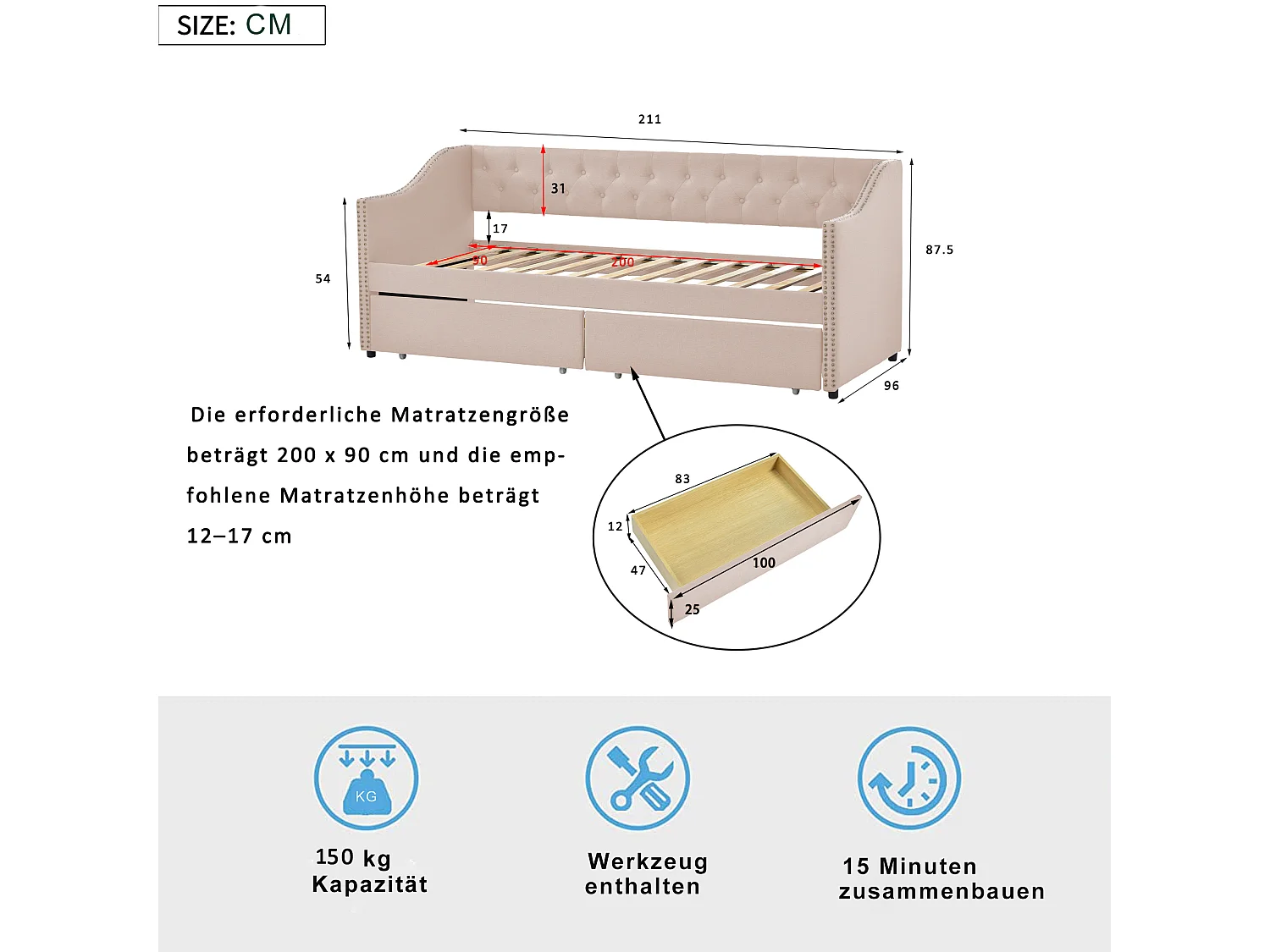 Lit banquette capitonné - 90 x 200 cm - 2 tiroirs - sommier à lattes - tissu beige