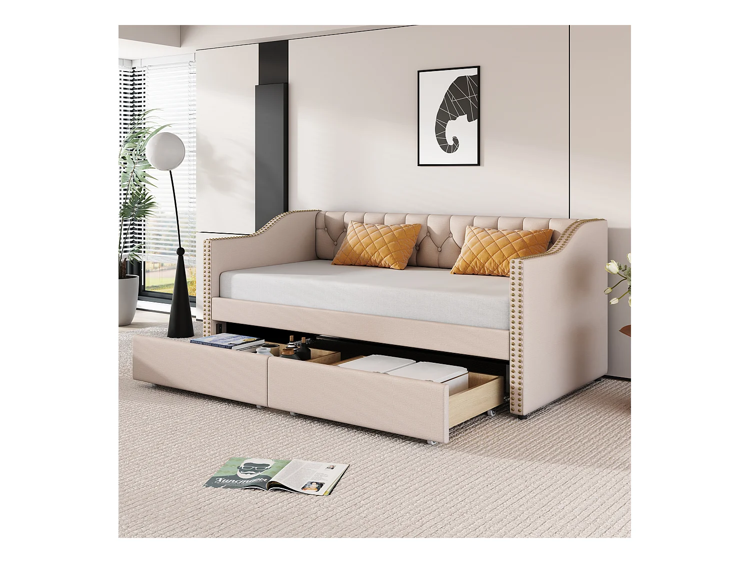 Gestoffeerde slaapbank - 90 x 200 cm - 2 laden - lattenbodem - beige stof