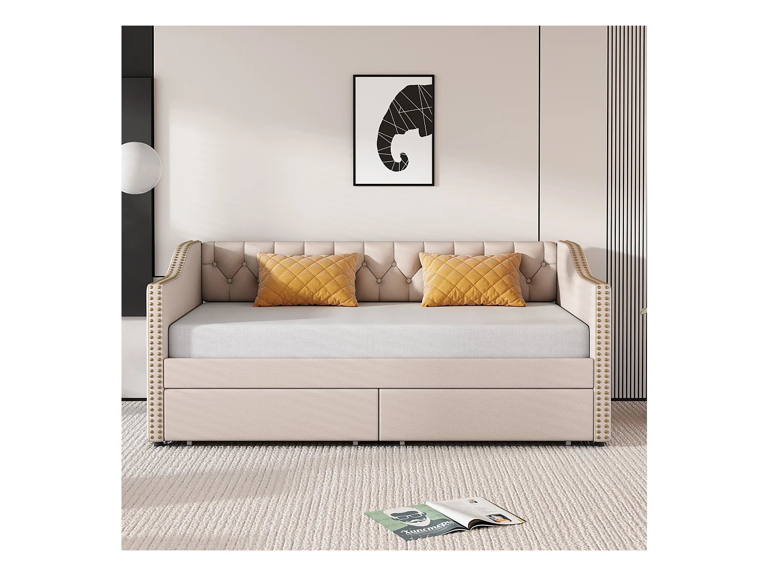Gestoffeerde slaapbank - 90 x 200 cm - 2 laden - lattenbodem - beige stof