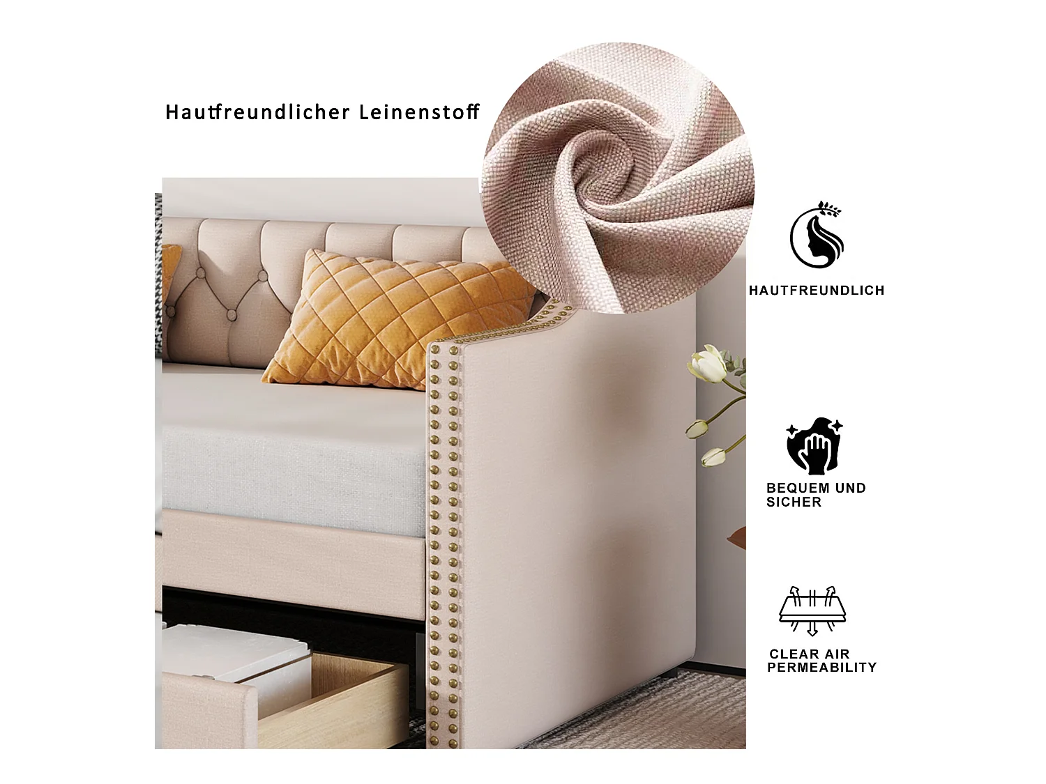 Gestoffeerde slaapbank - 90 x 200 cm - 2 laden - lattenbodem - beige stof