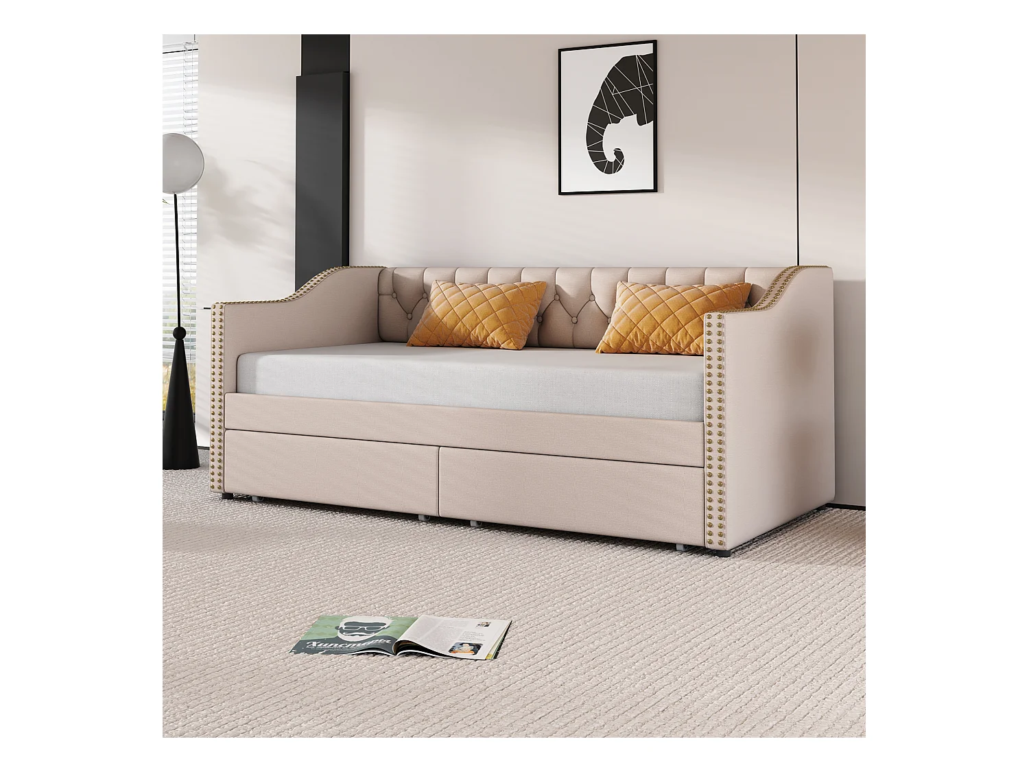 Gestoffeerde slaapbank - 90 x 200 cm - 2 laden - lattenbodem - beige stof