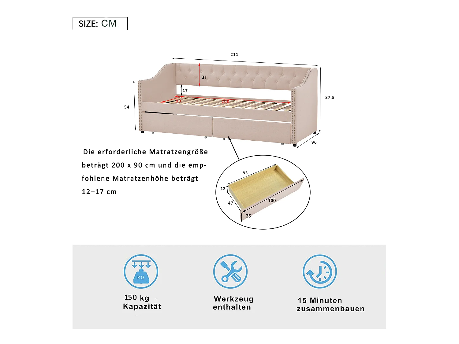 Gestoffeerde slaapbank - 90 x 200 cm - 2 laden - lattenbodem - beige stof