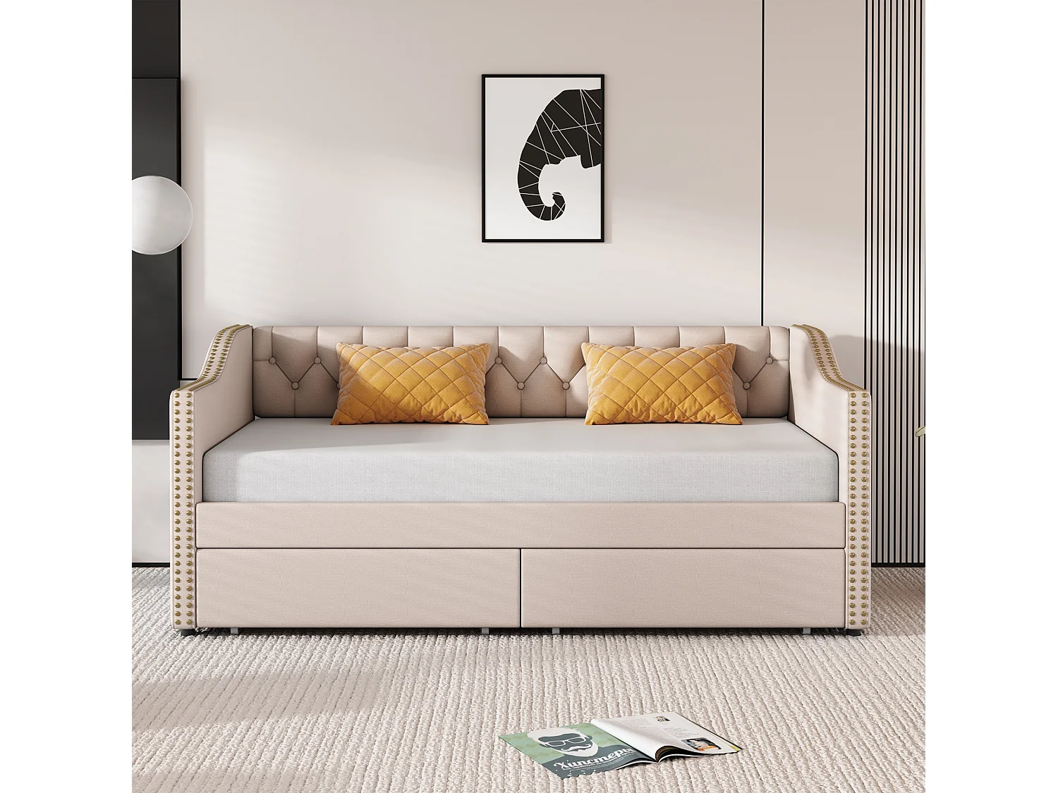 Sofá cama estofado - 90 x 200 cm - 2 gavetas - base de ripas - tecido bege