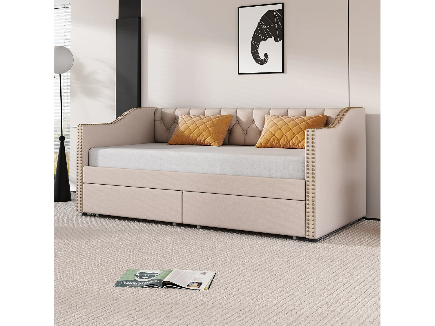 Sofá cama estofado - 90 x 200 cm - 2 gavetas - base de ripas - tecido bege