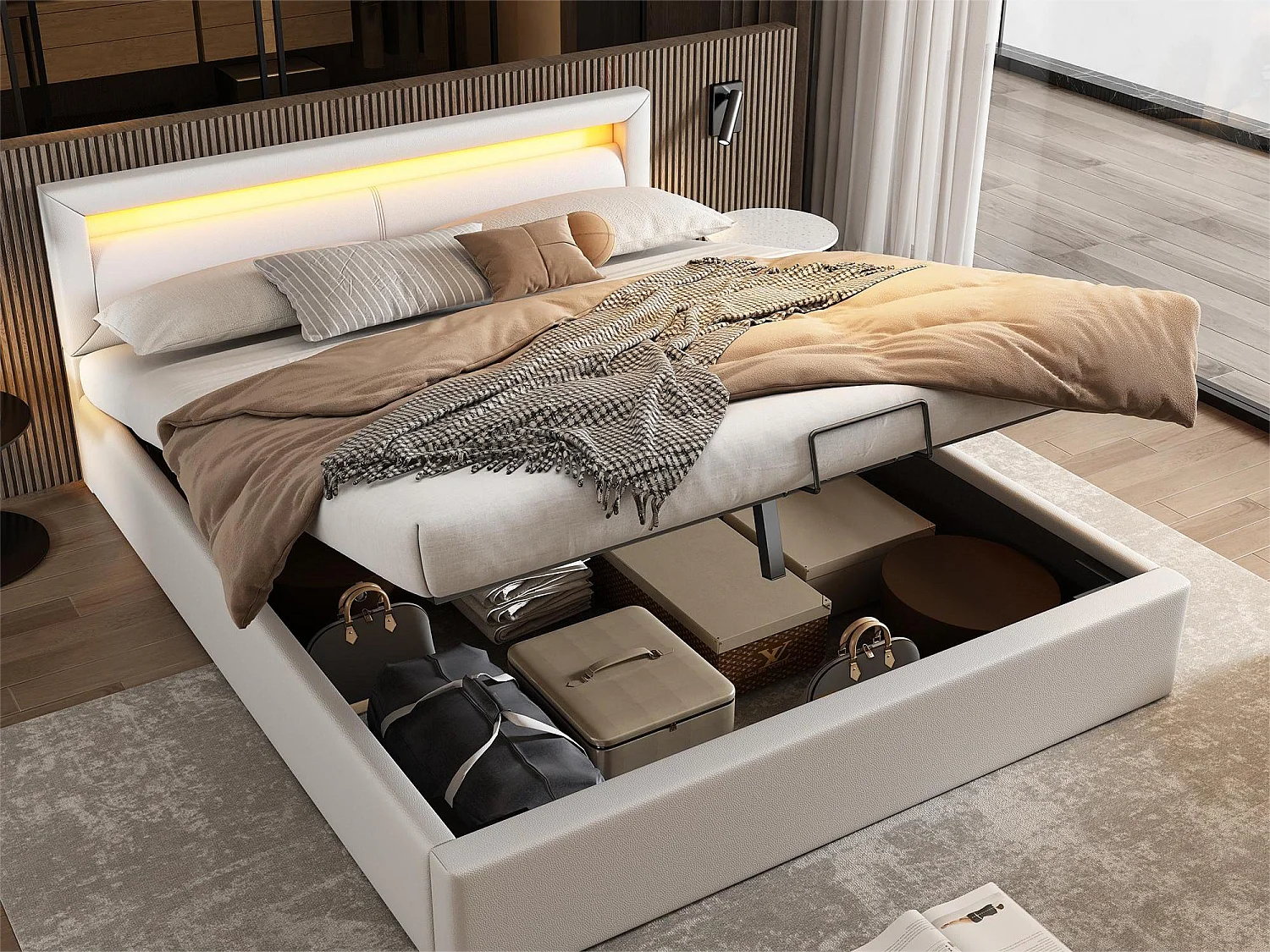 Tweepersoons opbergbed 140x200cm in kunstleer met 16-kleuren LED, Opbergruimte, Zonder matras, Inclusief lattenbodem, Wit