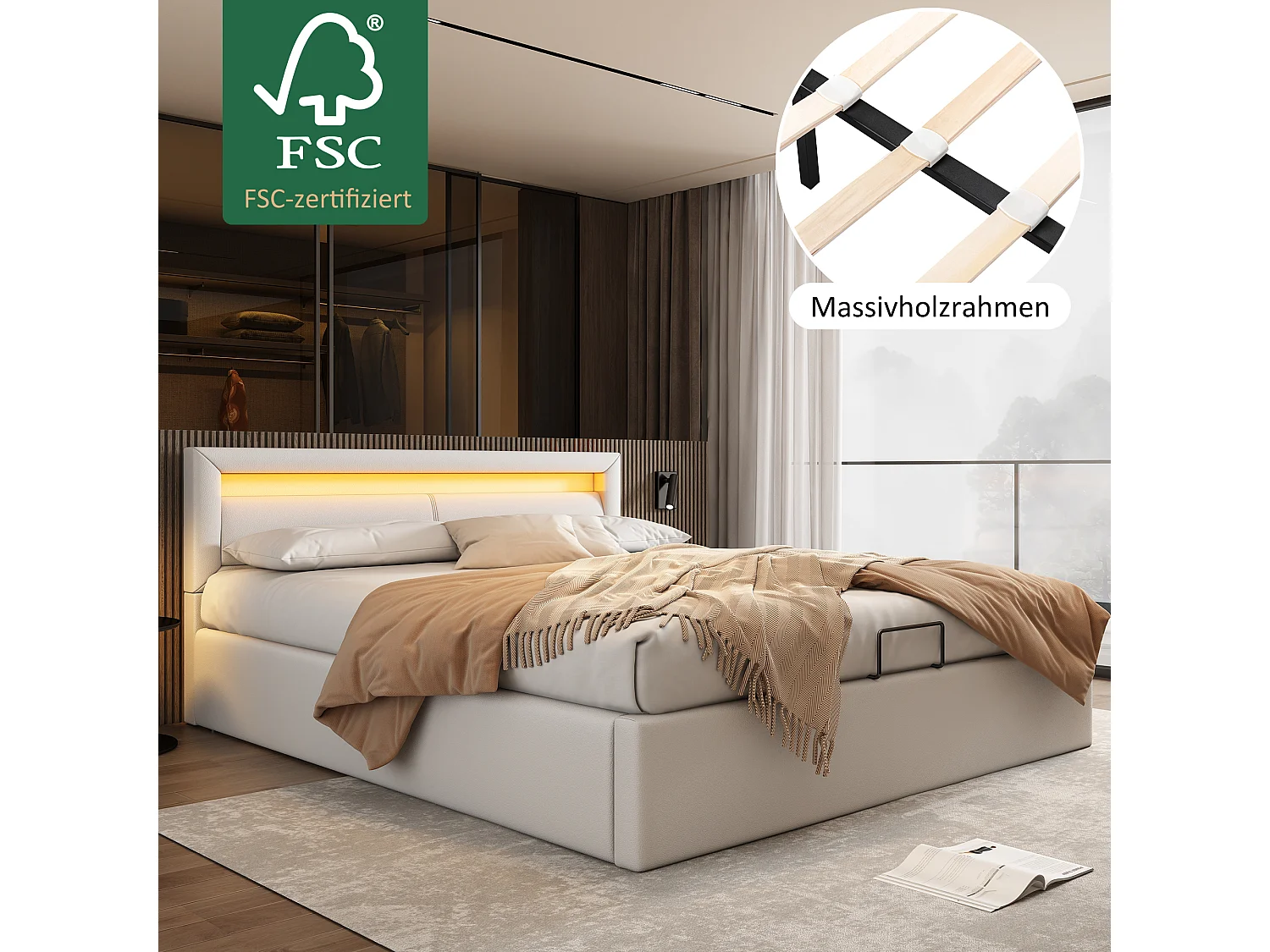 Tweepersoons opbergbed 140x200cm in kunstleer met 16-kleuren LED, Opbergruimte, Zonder matras, Inclusief lattenbodem, Wit