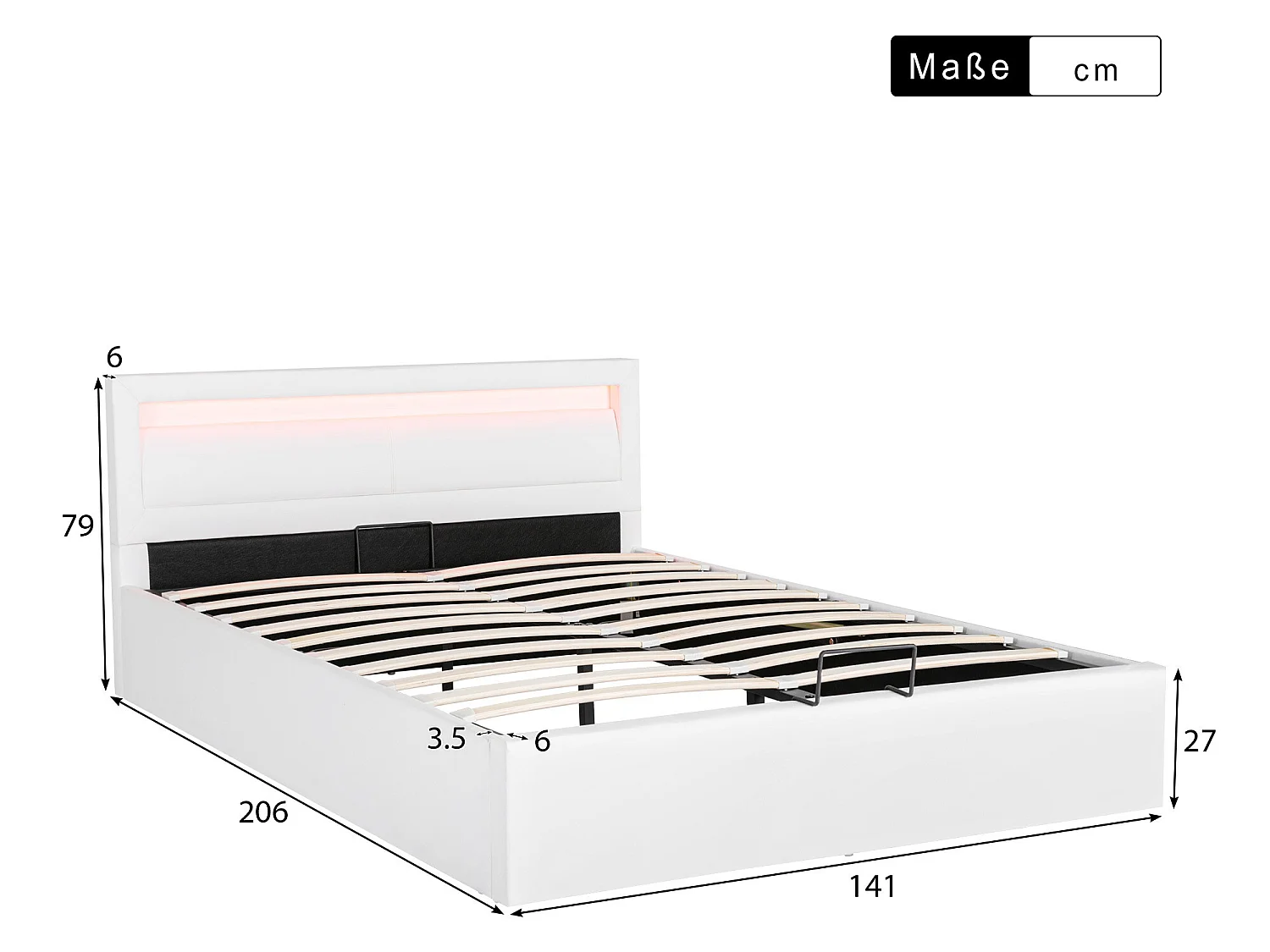 Tweepersoons opbergbed 140x200cm in kunstleer met 16-kleuren LED, Opbergruimte, Zonder matras, Inclusief lattenbodem, Wit