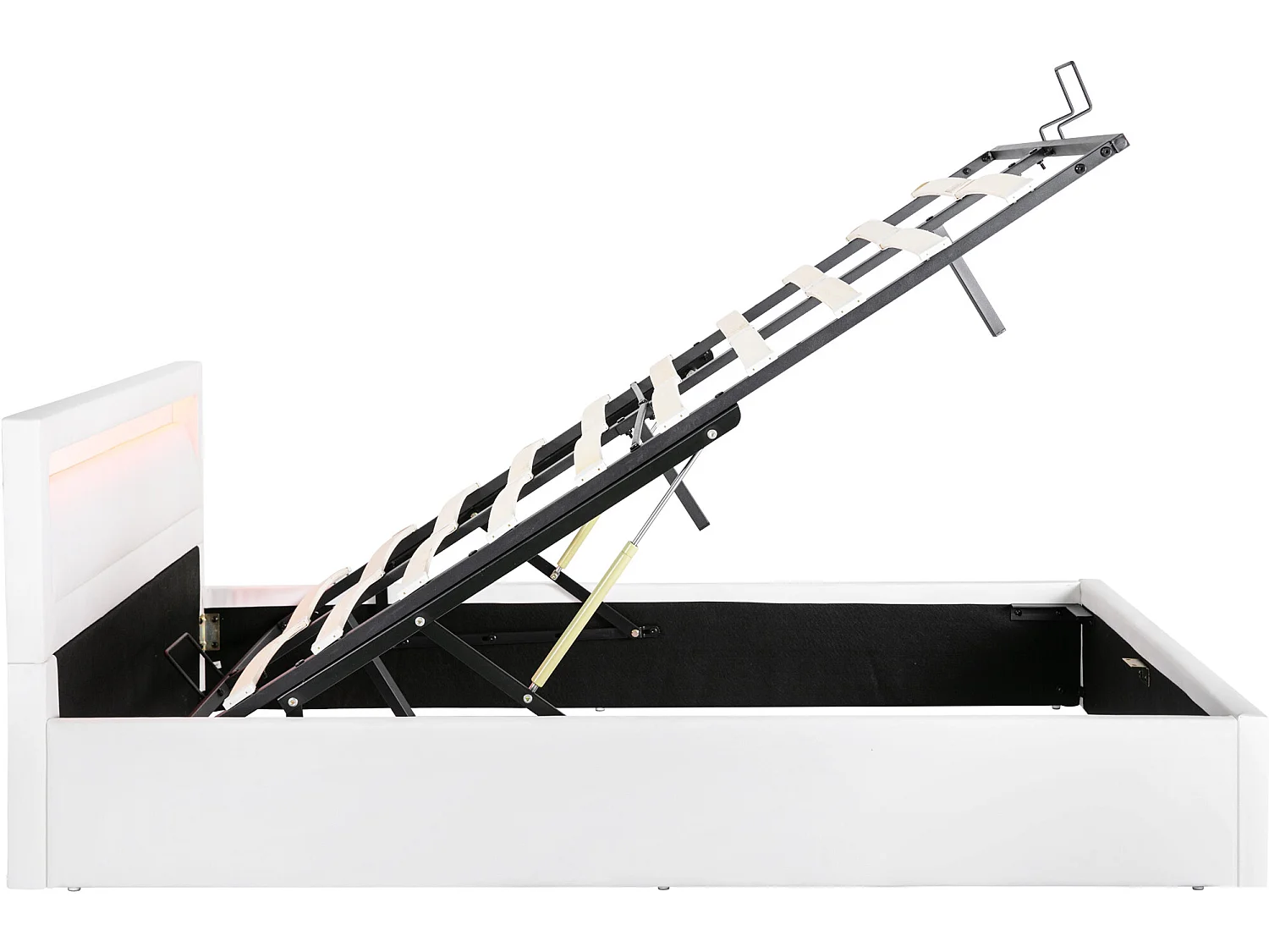 Tweepersoons opbergbed 140x200cm in kunstleer met 16-kleuren LED, Opbergruimte, Zonder matras, Inclusief lattenbodem, Wit