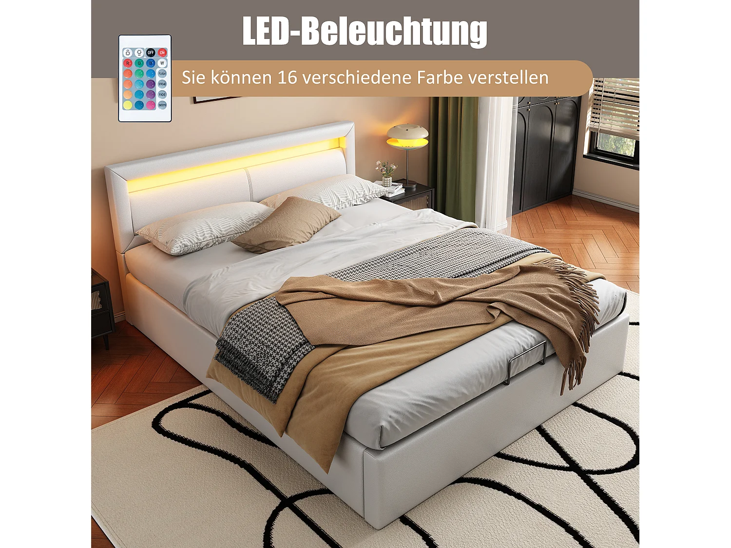 Tweepersoons opbergbed 140x200cm in kunstleer met 16-kleuren LED, Opbergruimte, Zonder matras, Inclusief lattenbodem, Wit