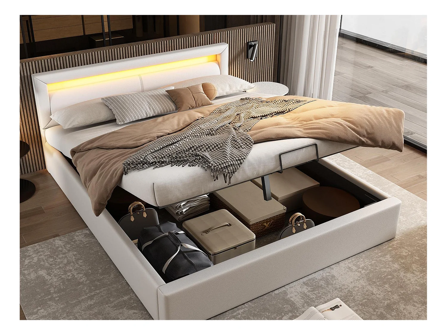 Lit coffre double 140x200cm en similicuir avec LED 16 couleurs, Espace de rangement, Sans matelas, Sommier à lattes inclus, Blanc