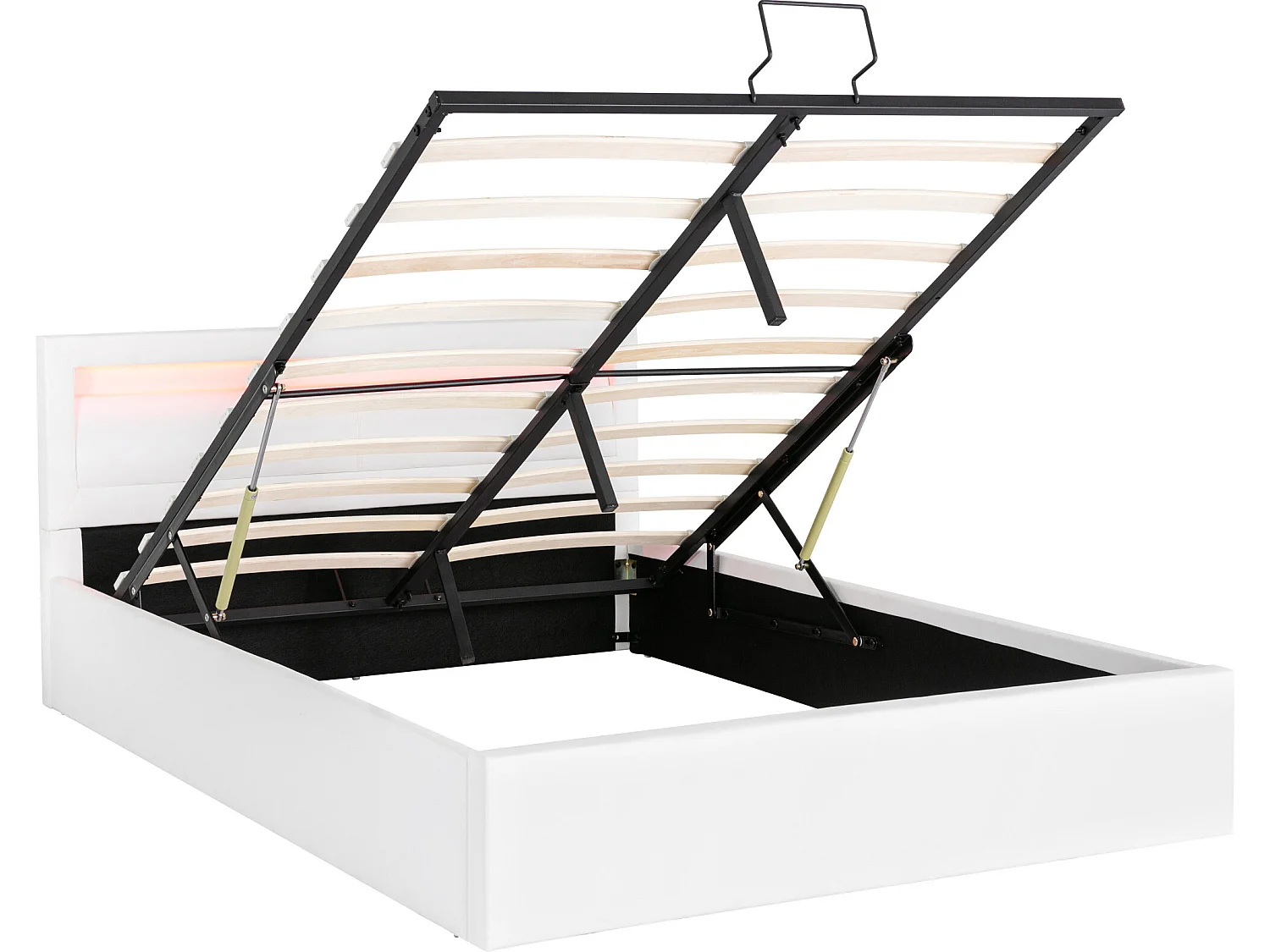 Lit coffre double 140x200cm en similicuir avec LED 16 couleurs, Espace de rangement, Sans matelas, Sommier à lattes inclus, Blanc