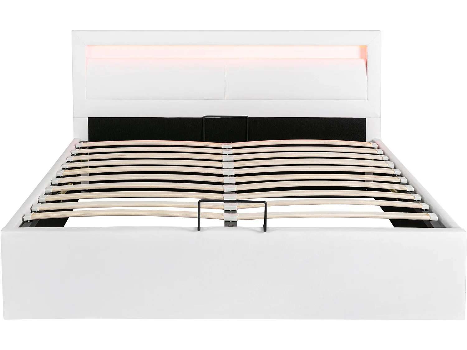 Lit coffre double 140x200cm en similicuir avec LED 16 couleurs, Espace de rangement, Sans matelas, Sommier à lattes inclus, Blanc