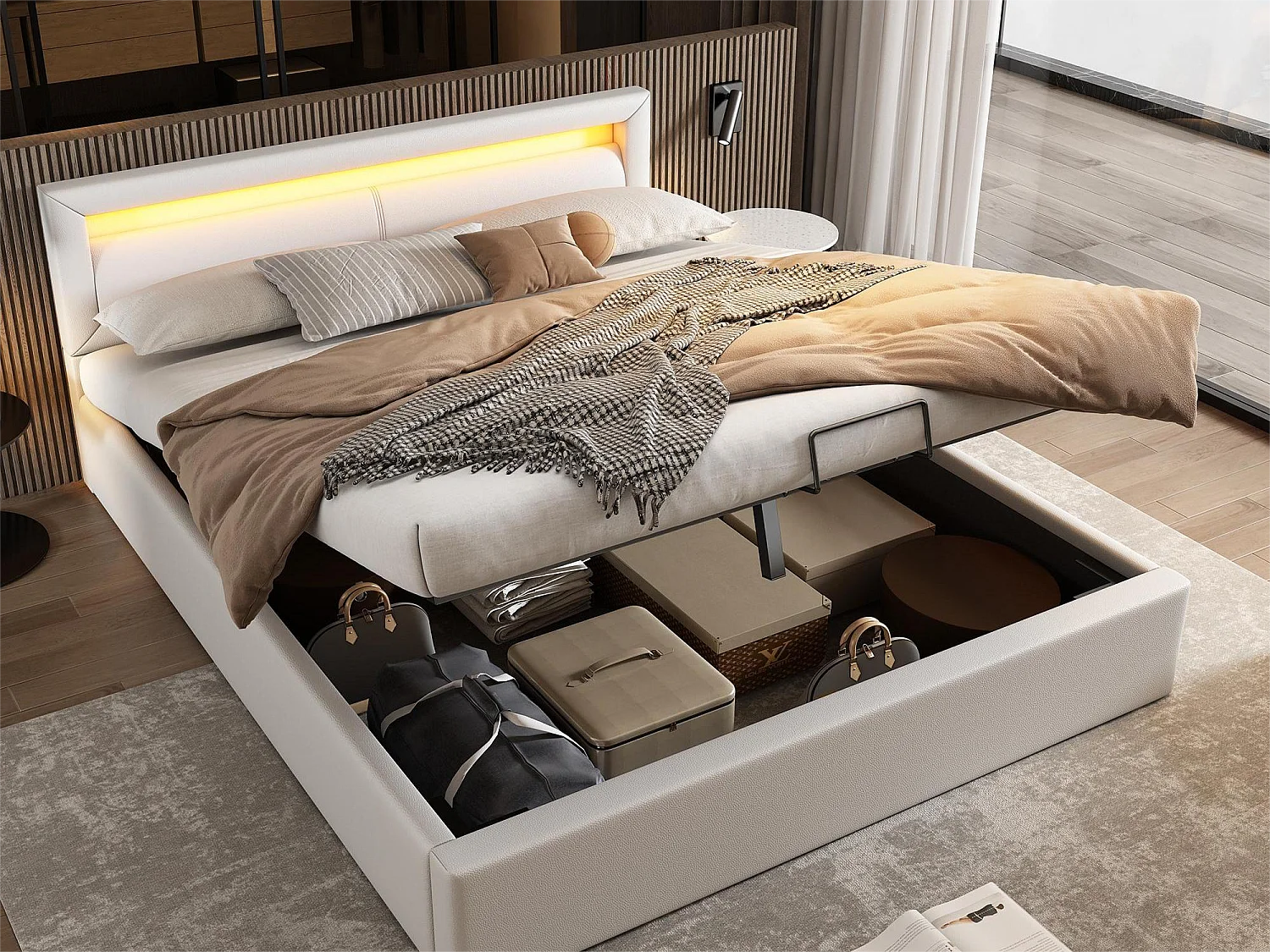 Lit coffre double 140x200cm en similicuir avec LED 16 couleurs, Espace de rangement, Sans matelas, Sommier à lattes inclus, Blanc