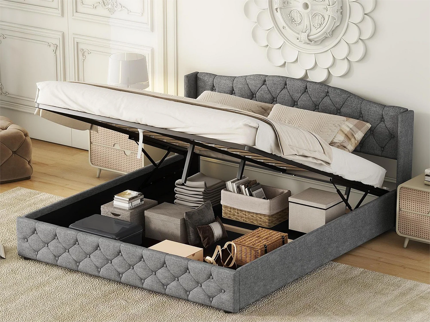 Cama contenedor con almacenaje - 180 x 200 cm - tela de lino - somier de láminas - color gris