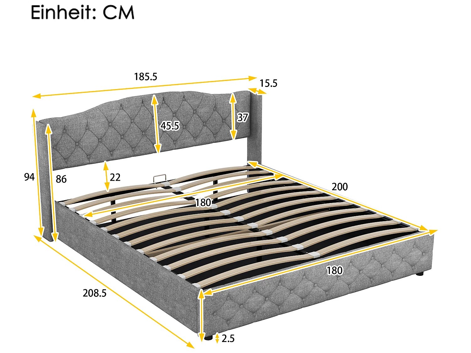 Cama contenedor con almacenaje - 180 x 200 cm - tela de lino - somier de láminas - color gris