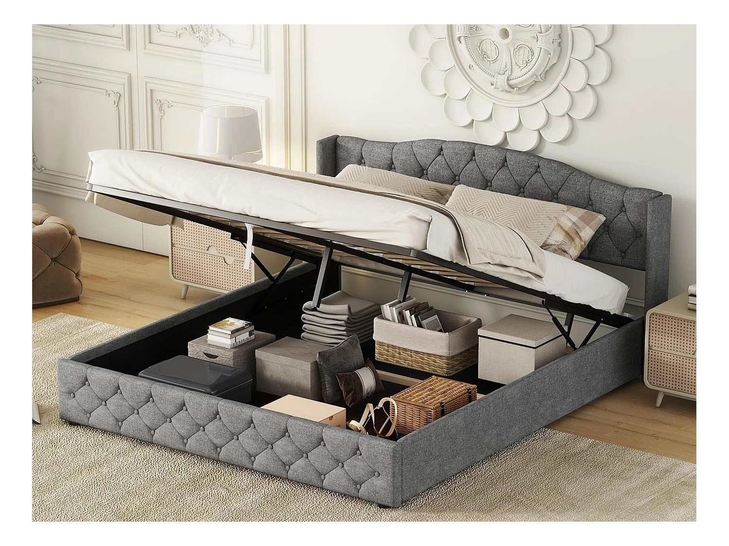 Lit coffre avec rangement - 180 x 200 cm - tissu lin - sommier à lattes - coloris gris