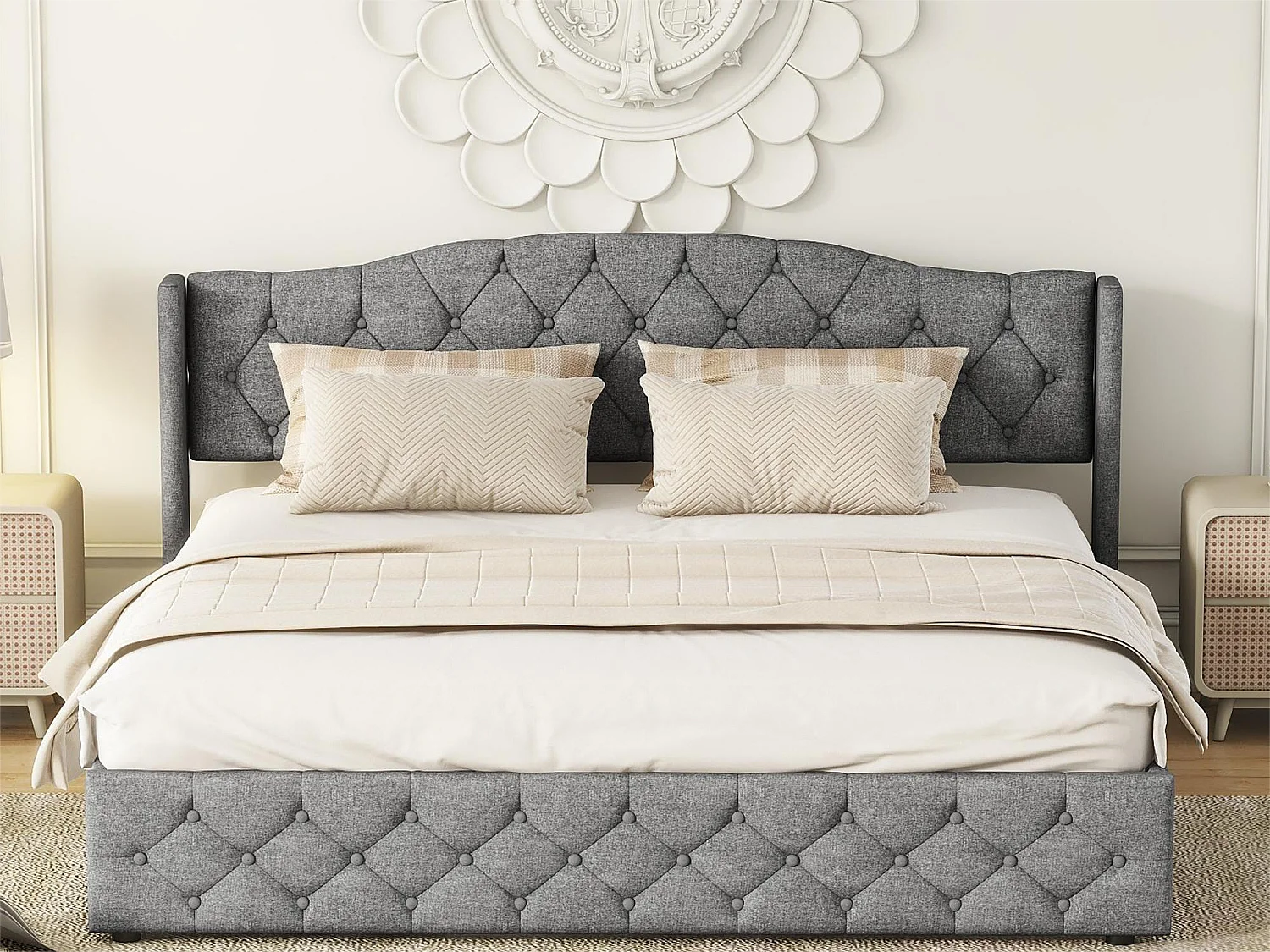 Lit coffre avec rangement - 180 x 200 cm - tissu lin - sommier à lattes - coloris gris