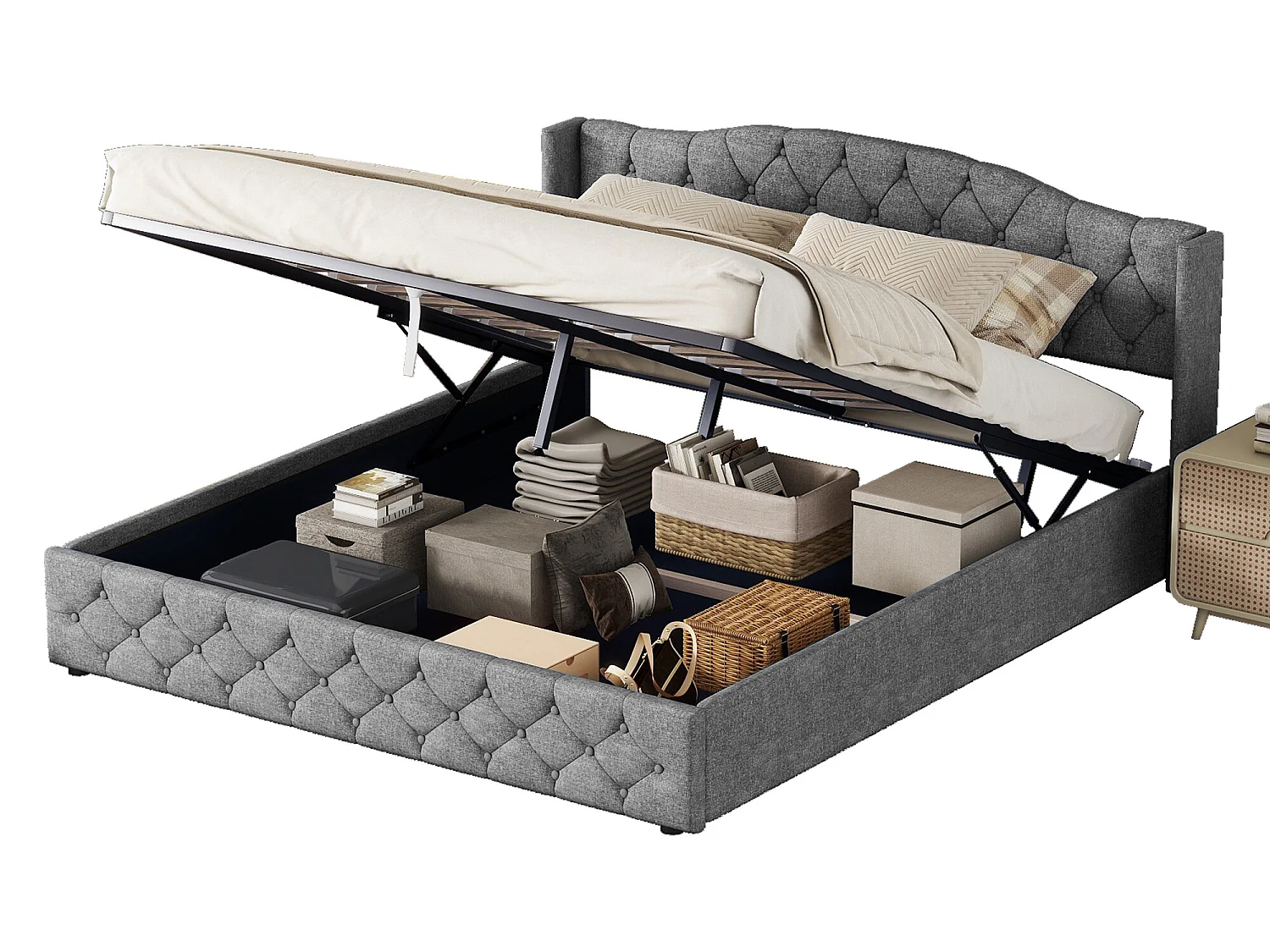 Lit coffre avec rangement - 180 x 200 cm - tissu lin - sommier à lattes - coloris gris