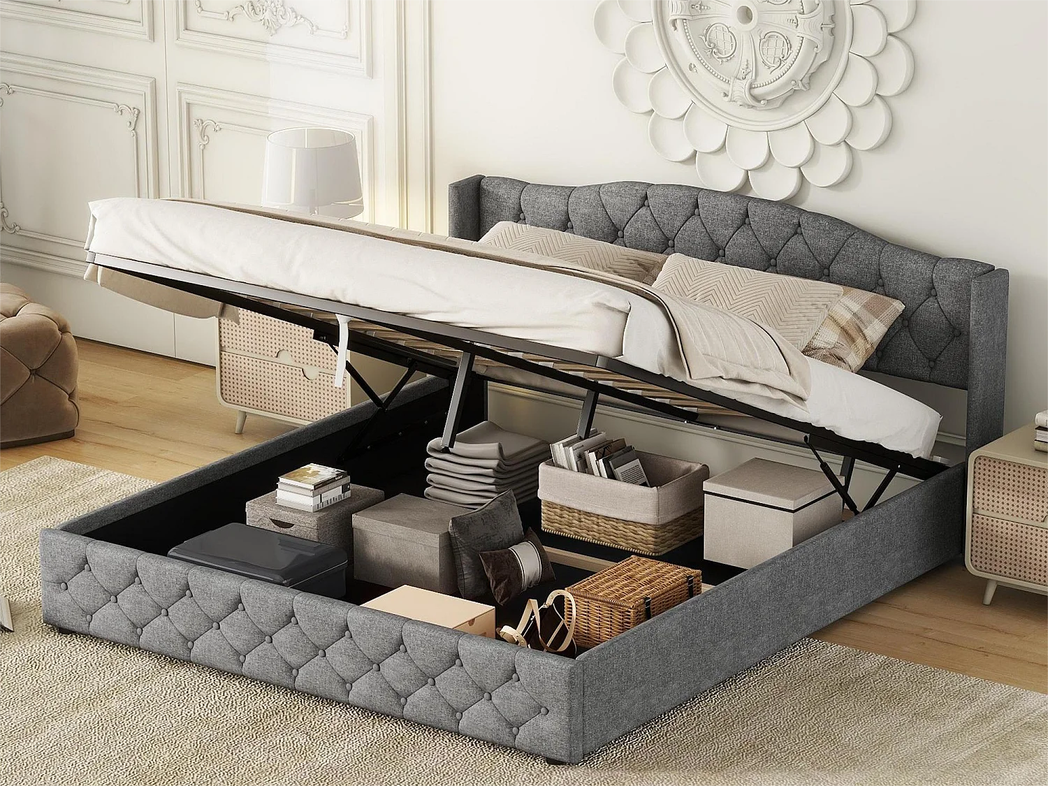 Letto contenitore con contenitore - 180 x 200 cm - tessuto lino - rete a doghe - colore grigio