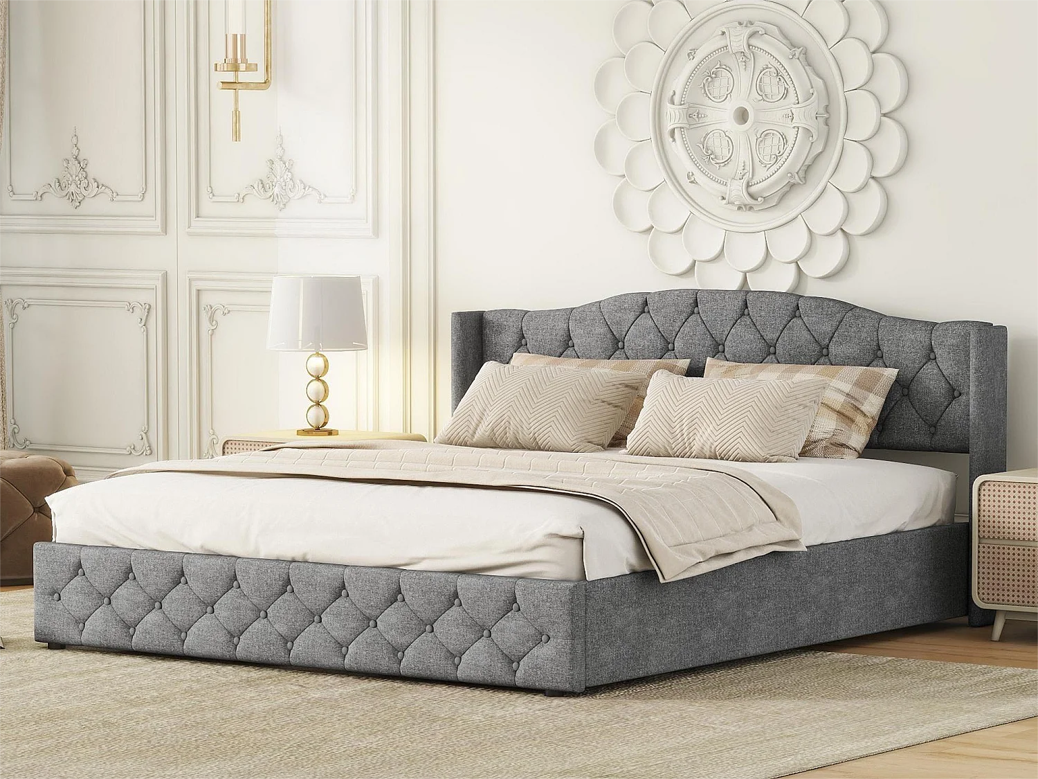 Letto contenitore con contenitore - 180 x 200 cm - tessuto lino - rete a doghe - colore grigio