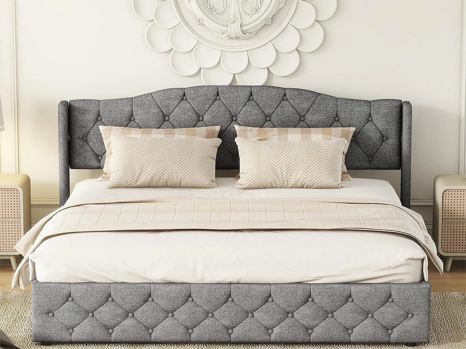 Letto contenitore con contenitore - 180 x 200 cm - tessuto lino - rete a doghe - colore grigio