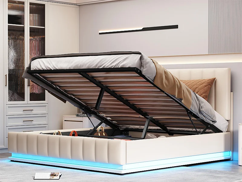 Lit coffre avec tête de lit - 160 x 200 cm - similicuir - éclairage led - sommier à lattes - beige
