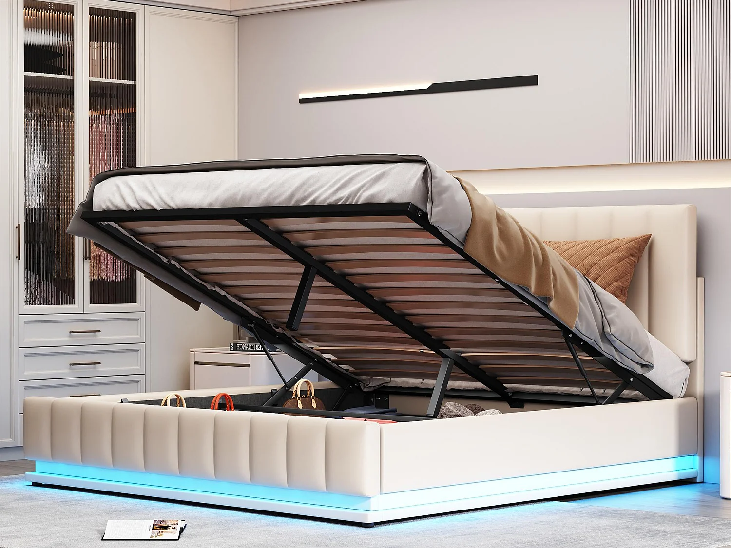 Opbergbed met hoofdeinde - 160 x 200 cm - kunstleer - LED verlichting - lattenbodem - beige