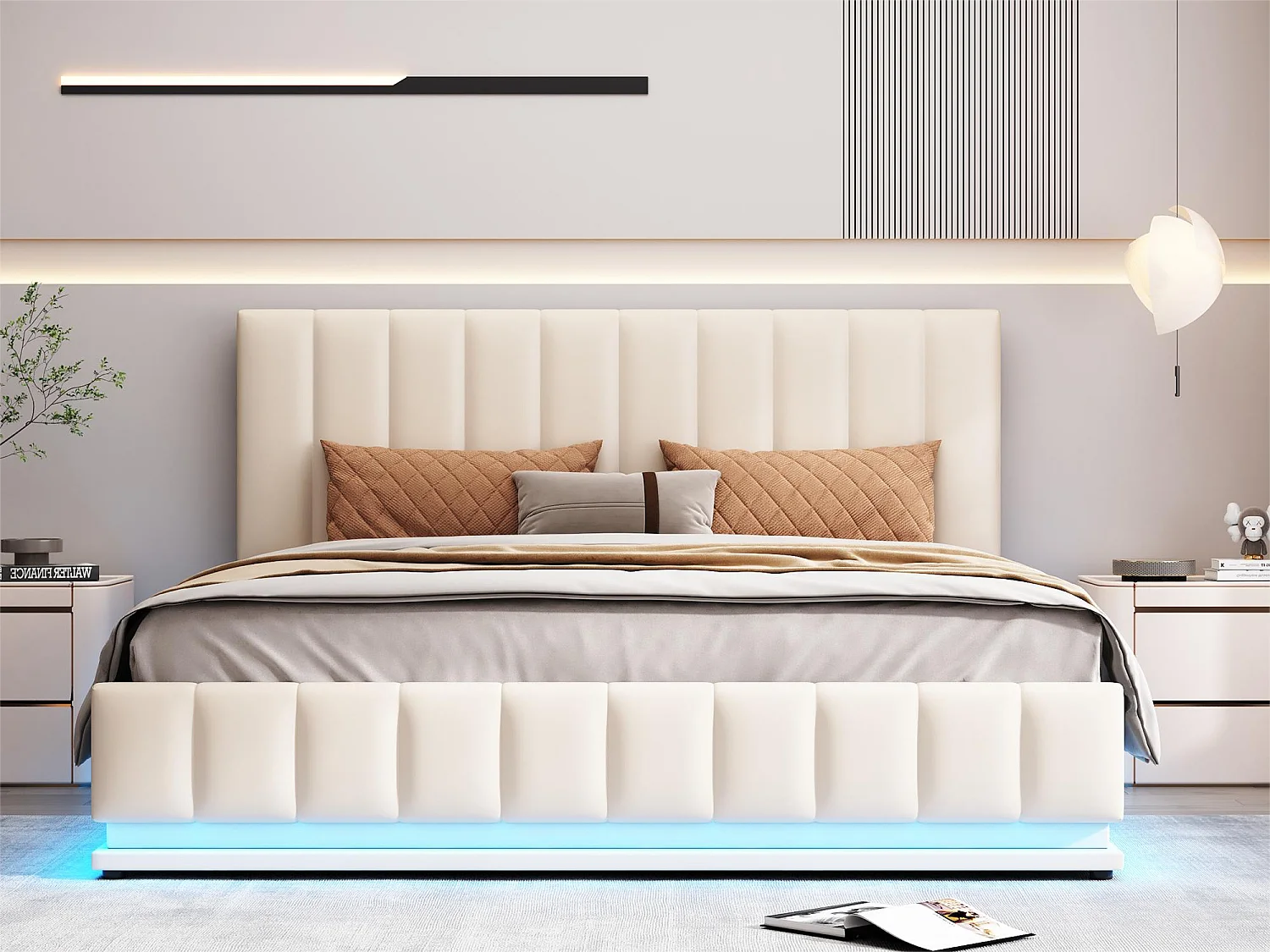 Opbergbed met hoofdeinde - 160 x 200 cm - kunstleer - LED verlichting - lattenbodem - beige