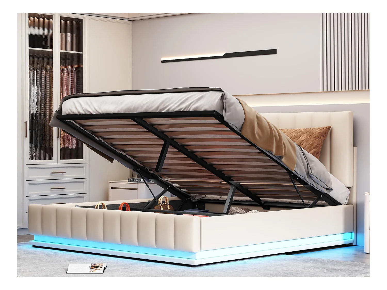 Lit coffre avec tête de lit - 160 x 200 cm - similicuir - éclairage led - sommier à lattes - beige