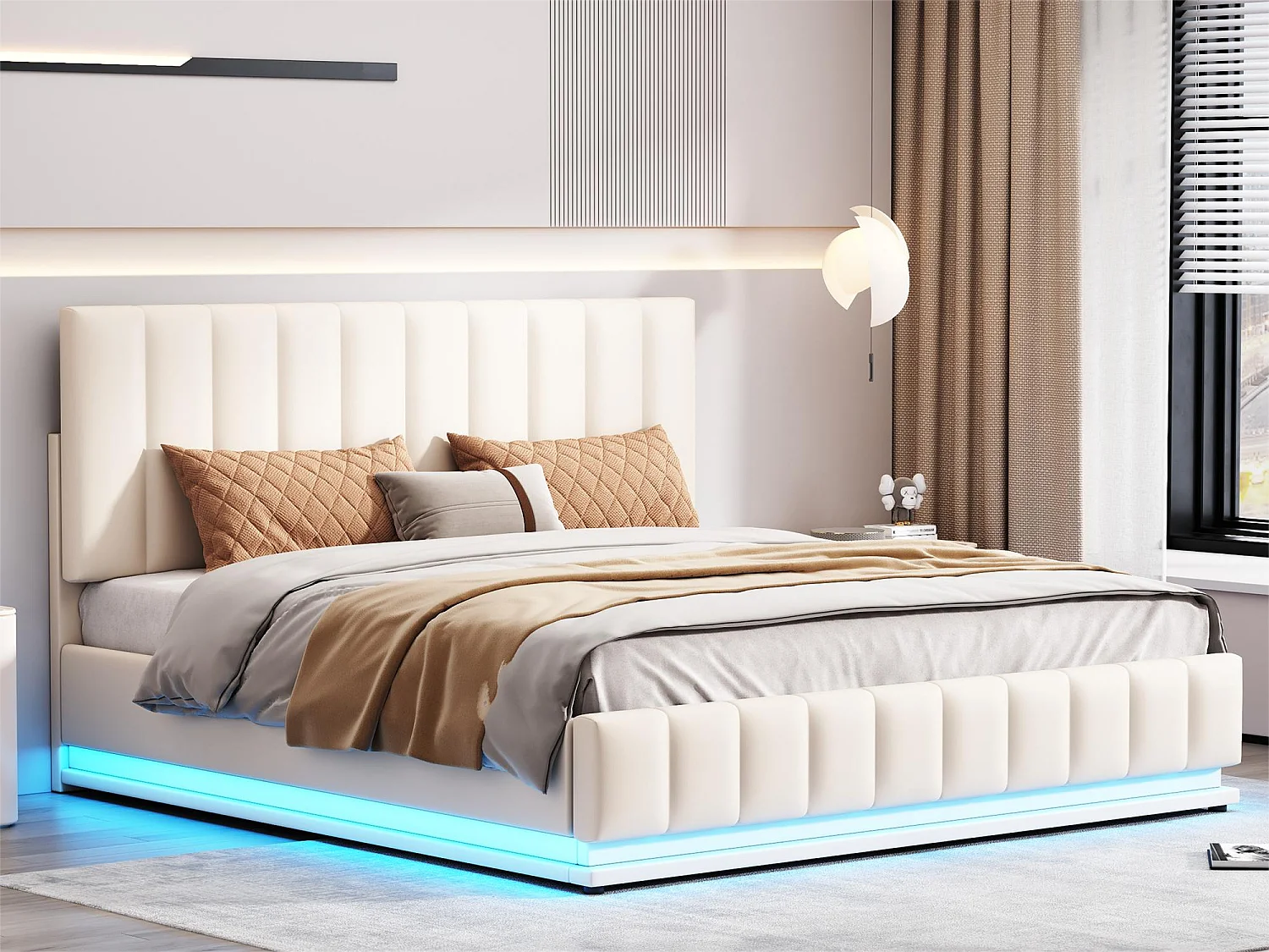 Bettkasten mit Kopfteil – 160 x 200 cm – Kunstleder – LED-Beleuchtung – Lattenrost – Beige