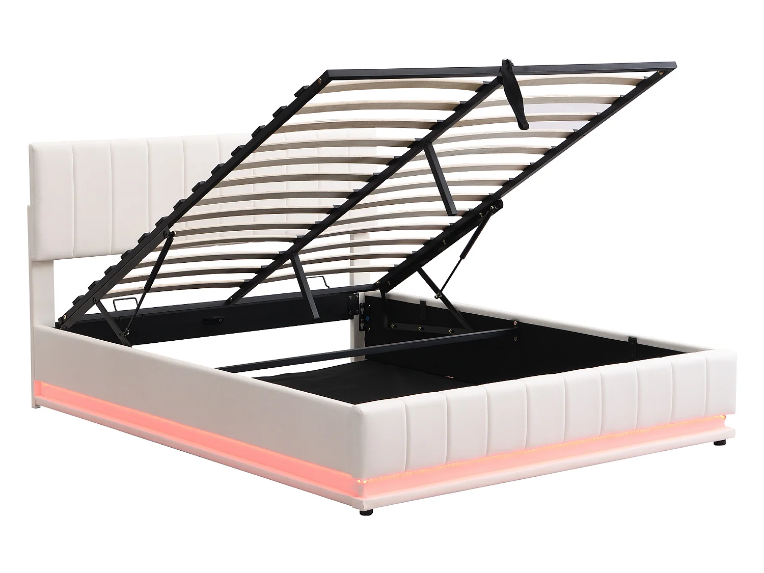 Bettkasten mit Kopfteil – 160 x 200 cm – Kunstleder – LED-Beleuchtung – Lattenrost – Beige