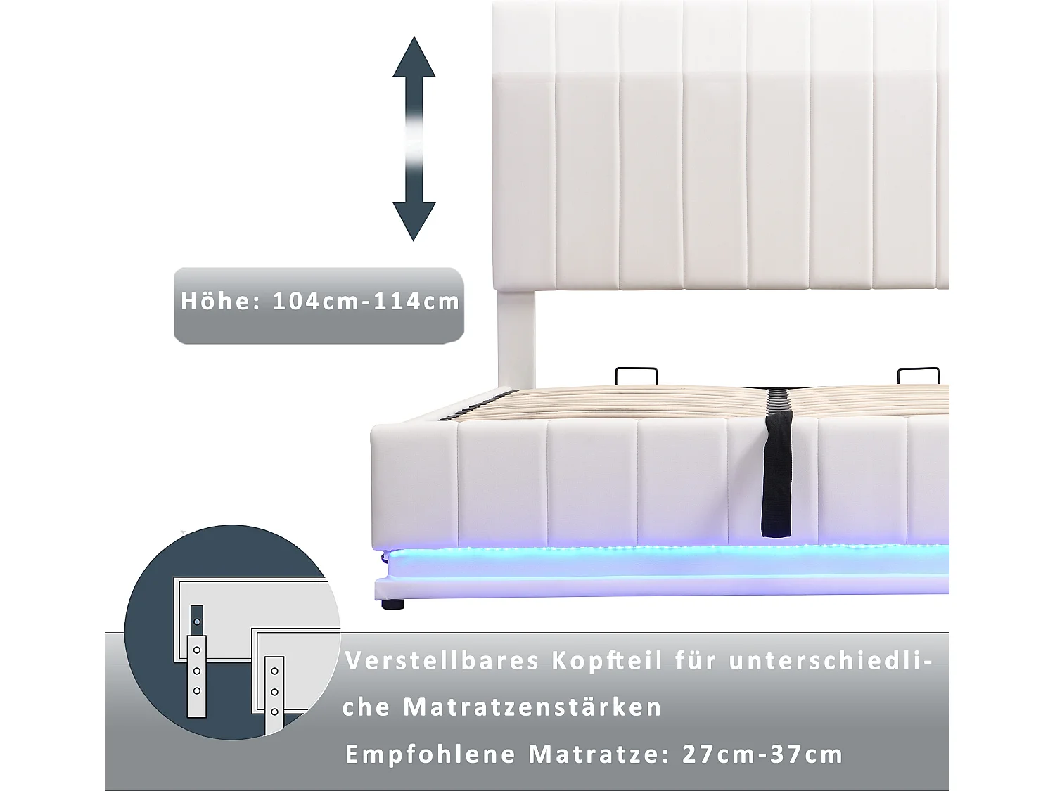 Bettkasten mit Kopfteil – 160 x 200 cm – Kunstleder – LED-Beleuchtung – Lattenrost – Beige
