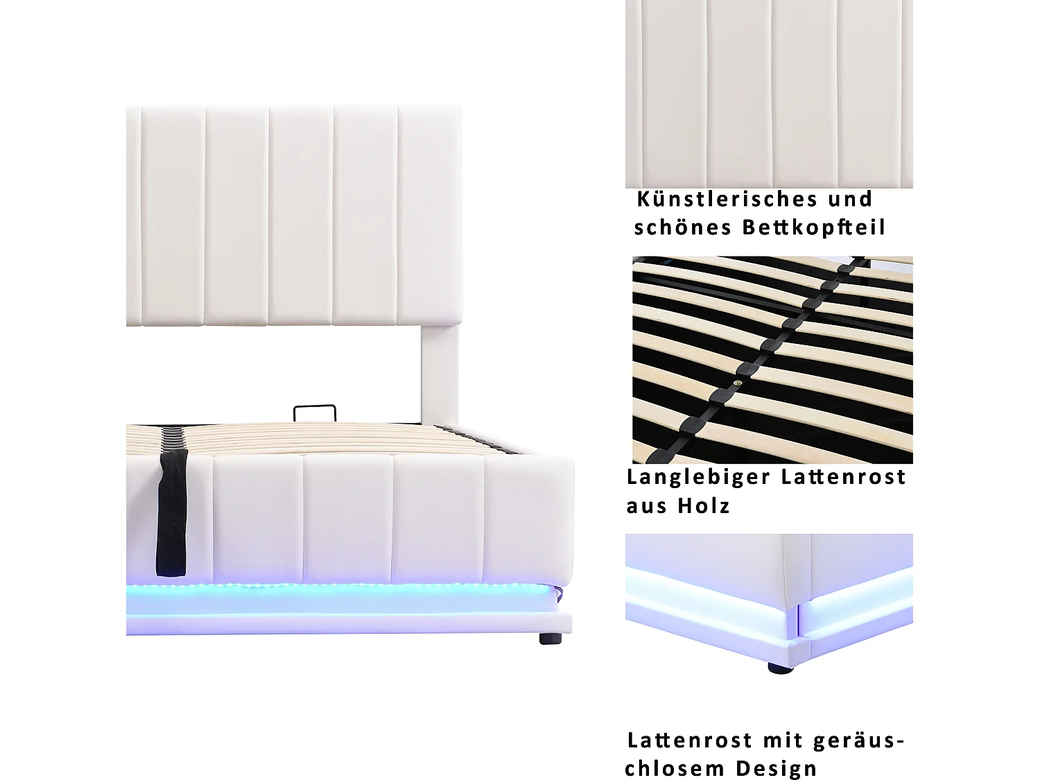 Bettkasten mit Kopfteil – 160 x 200 cm – Kunstleder – LED-Beleuchtung – Lattenrost – Beige