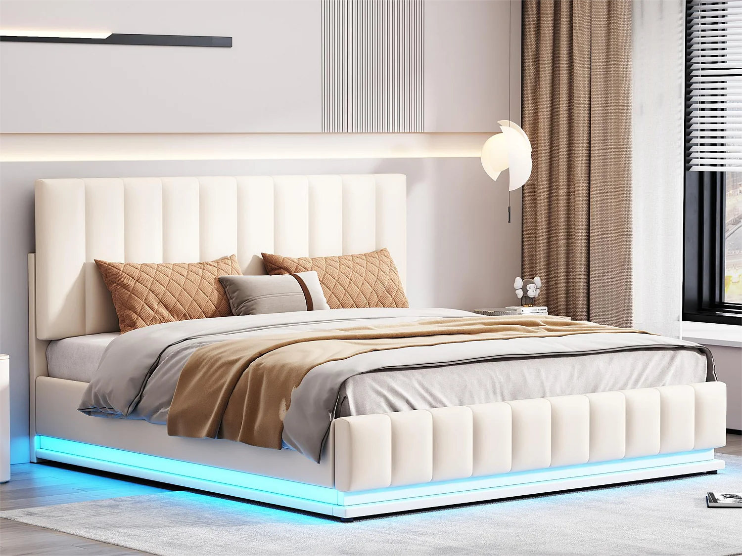 Lit coffre avec tête de lit - 160 x 200 cm - similicuir - éclairage led - sommier à lattes - beige