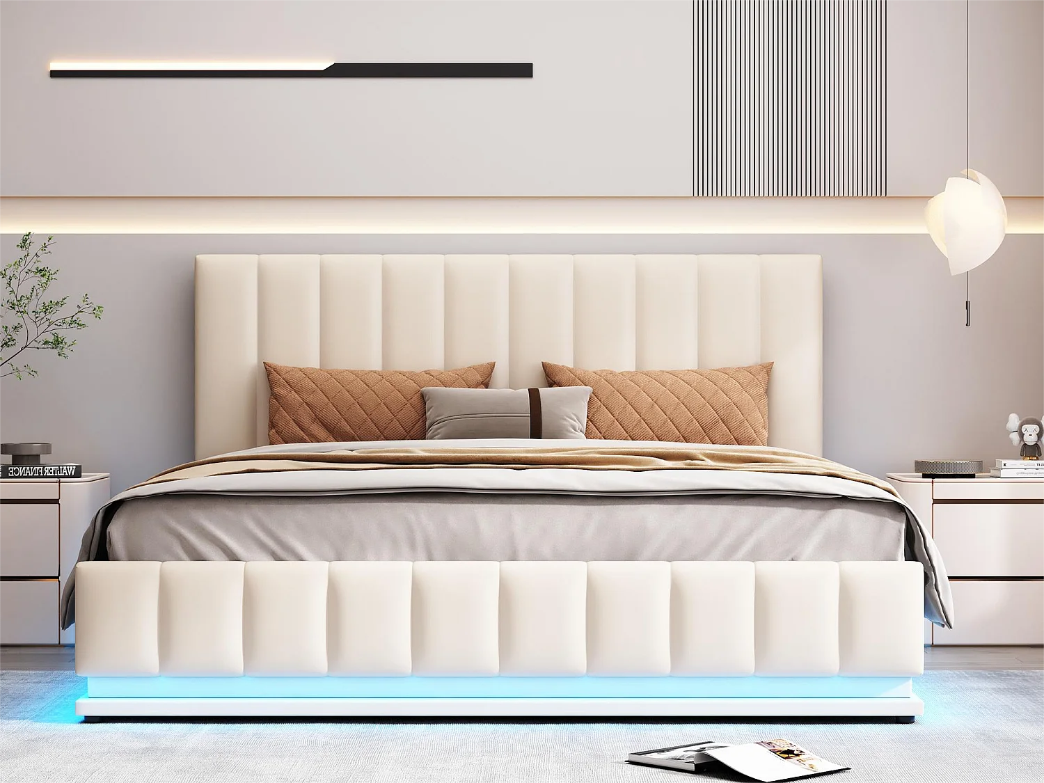 Lit coffre avec tête de lit - 160 x 200 cm - similicuir - éclairage led - sommier à lattes - beige