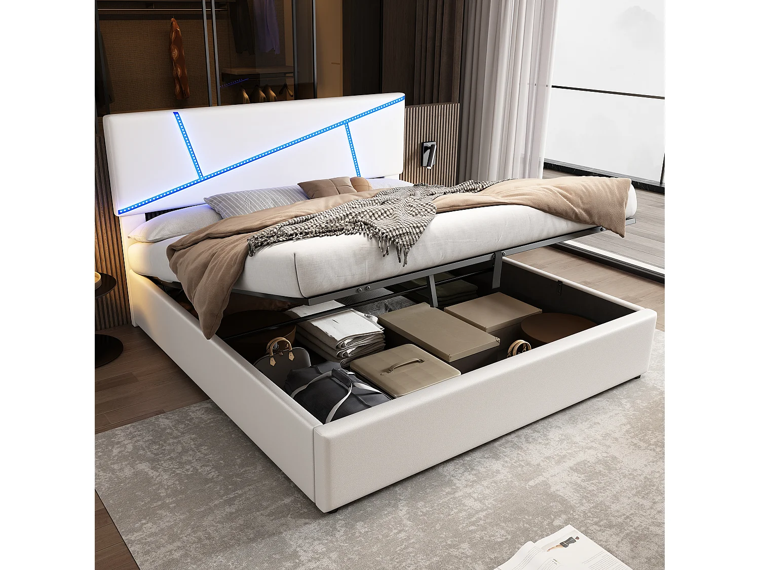 Opbergbed 180 x 200 cm - met LED - kunstleer en hout - lattenbodem - Kleur wit